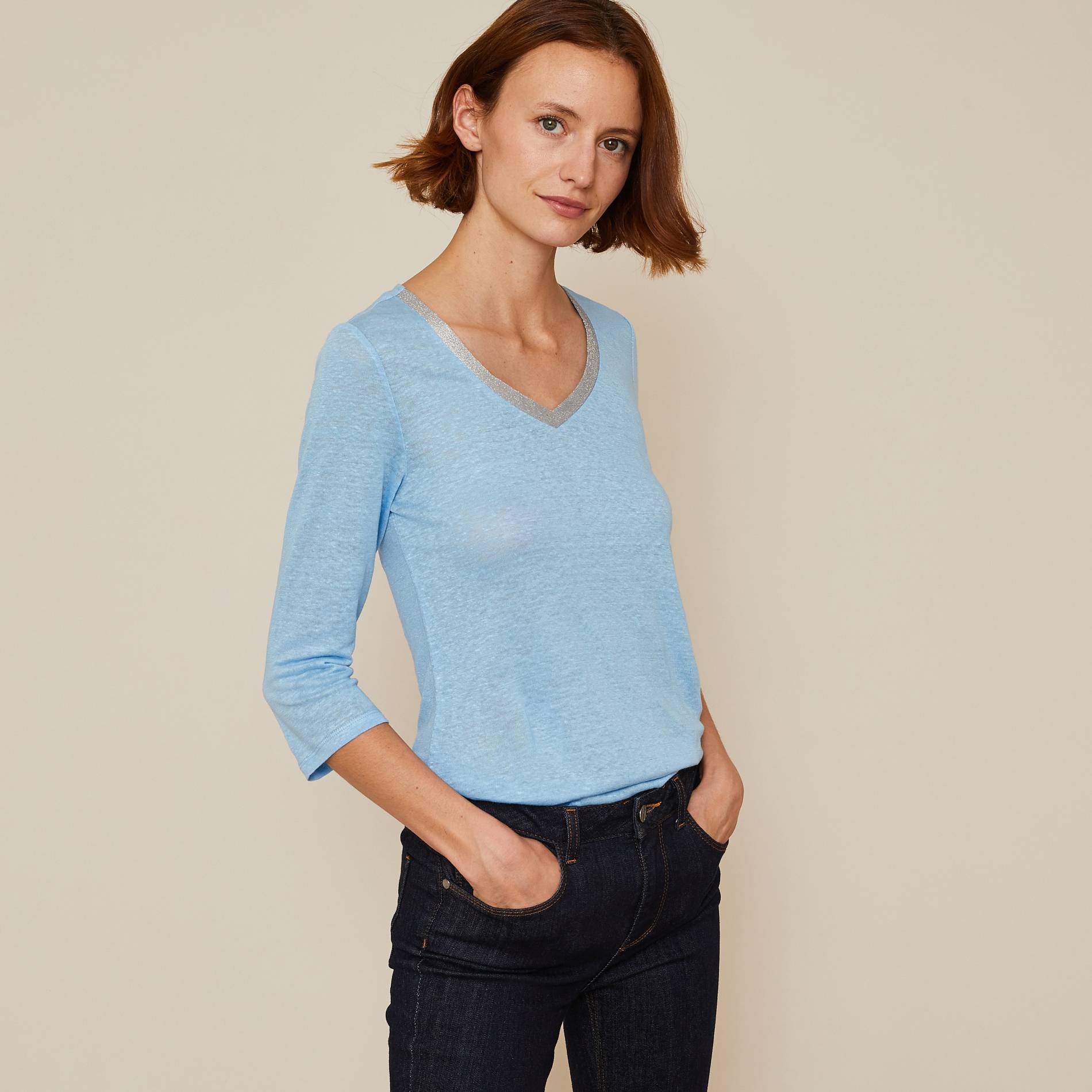 T-shirt en lin effet brillant, Bleu, large image number 0