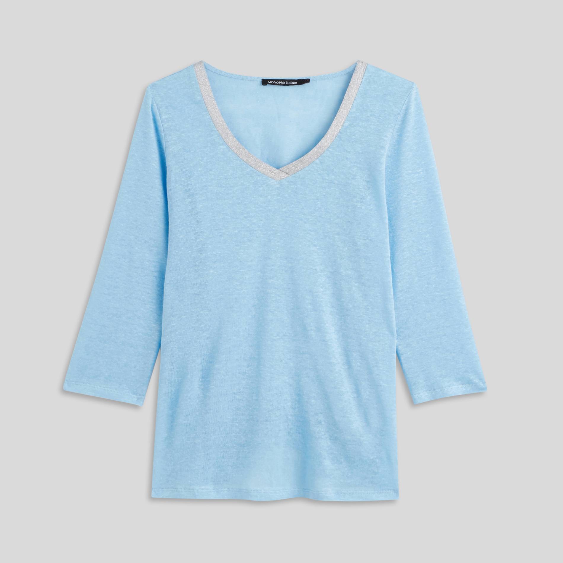 T-shirt en lin effet brillant, Bleu, large image number 2