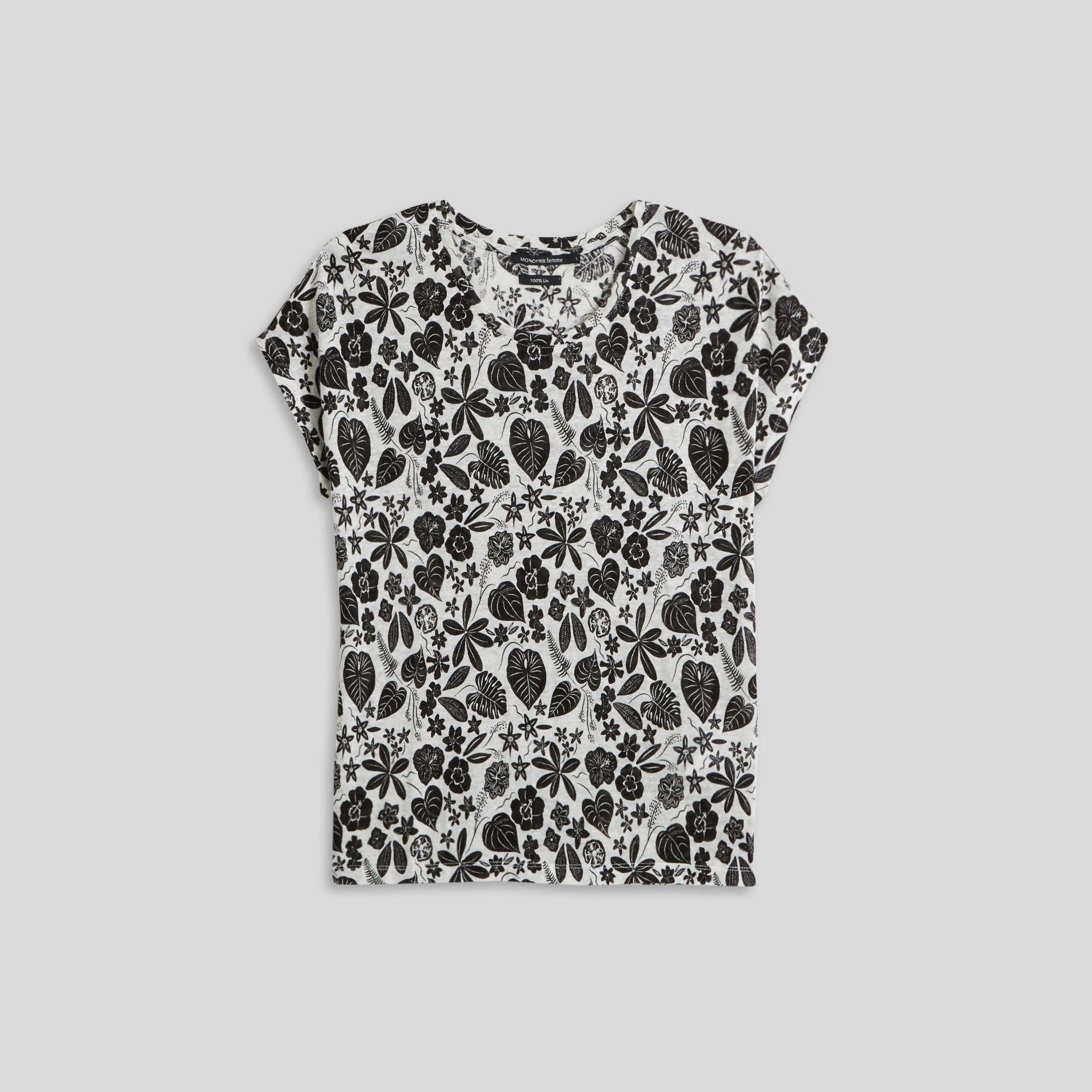 T-shirt manches courtes en lin imprimé, Blanc, large image number 2.0