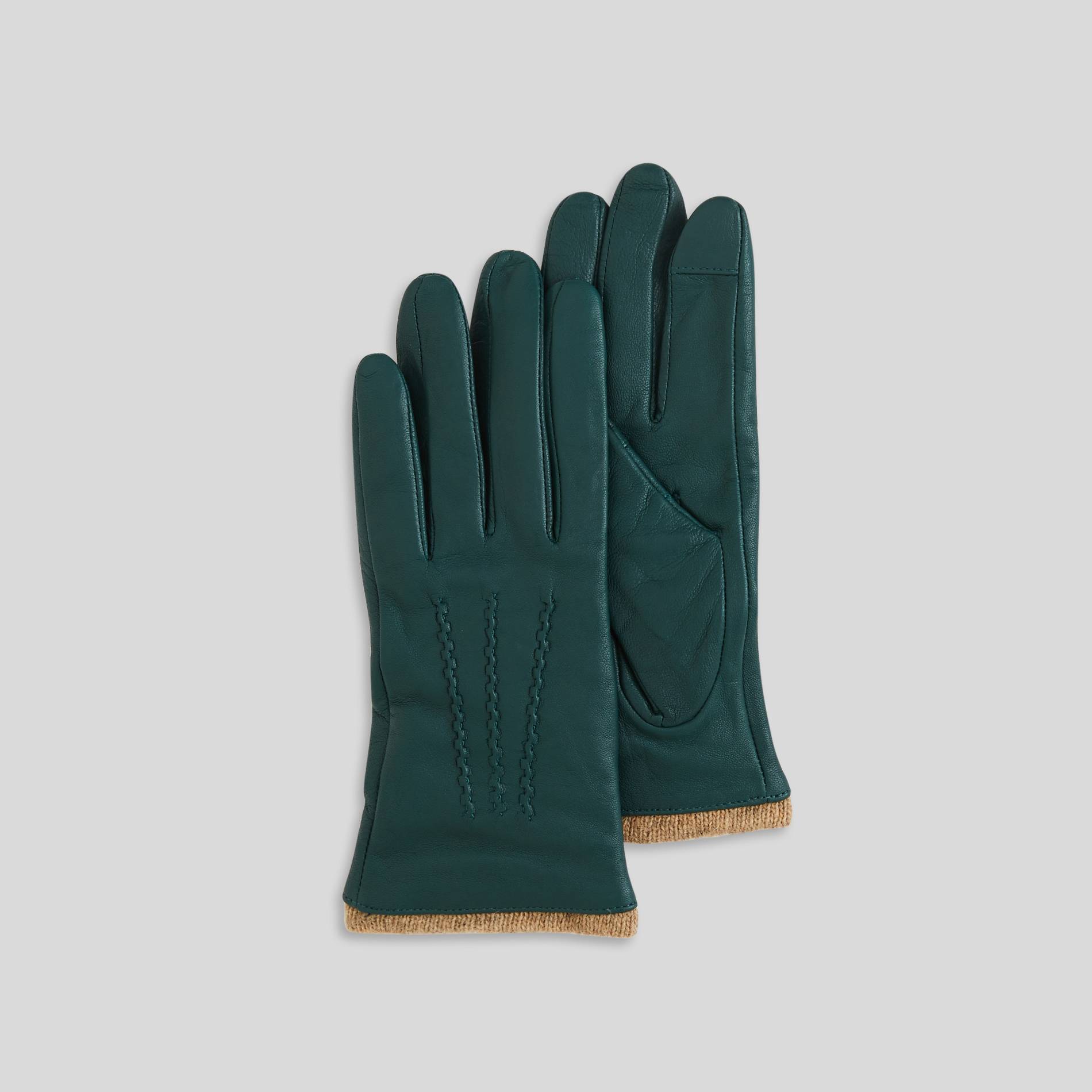Gants en cuir détails surpiqûres, Vert foncé, large image number 0