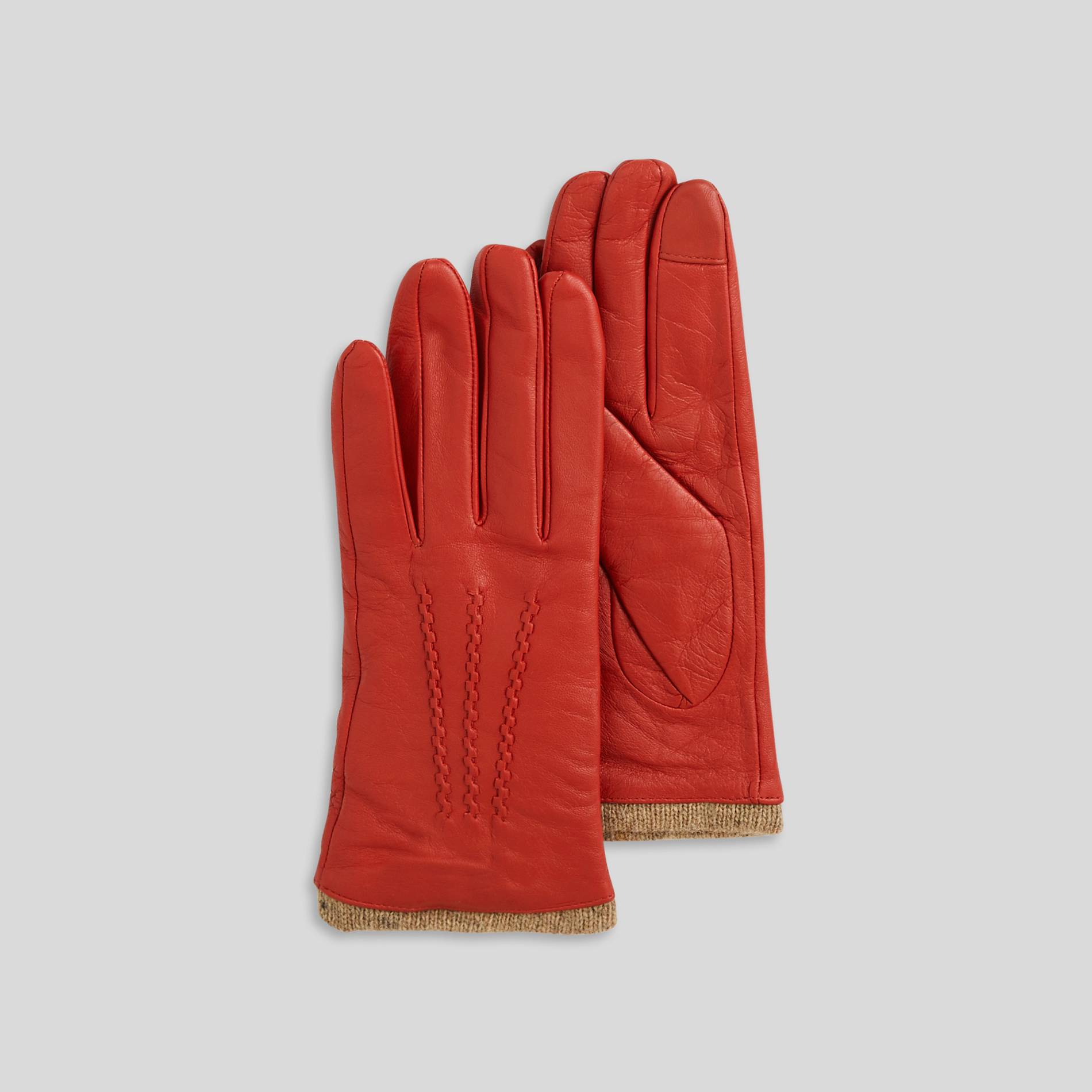 Gants en cuir détails surpiqûres, Rouge cuit, large image number 0.0
