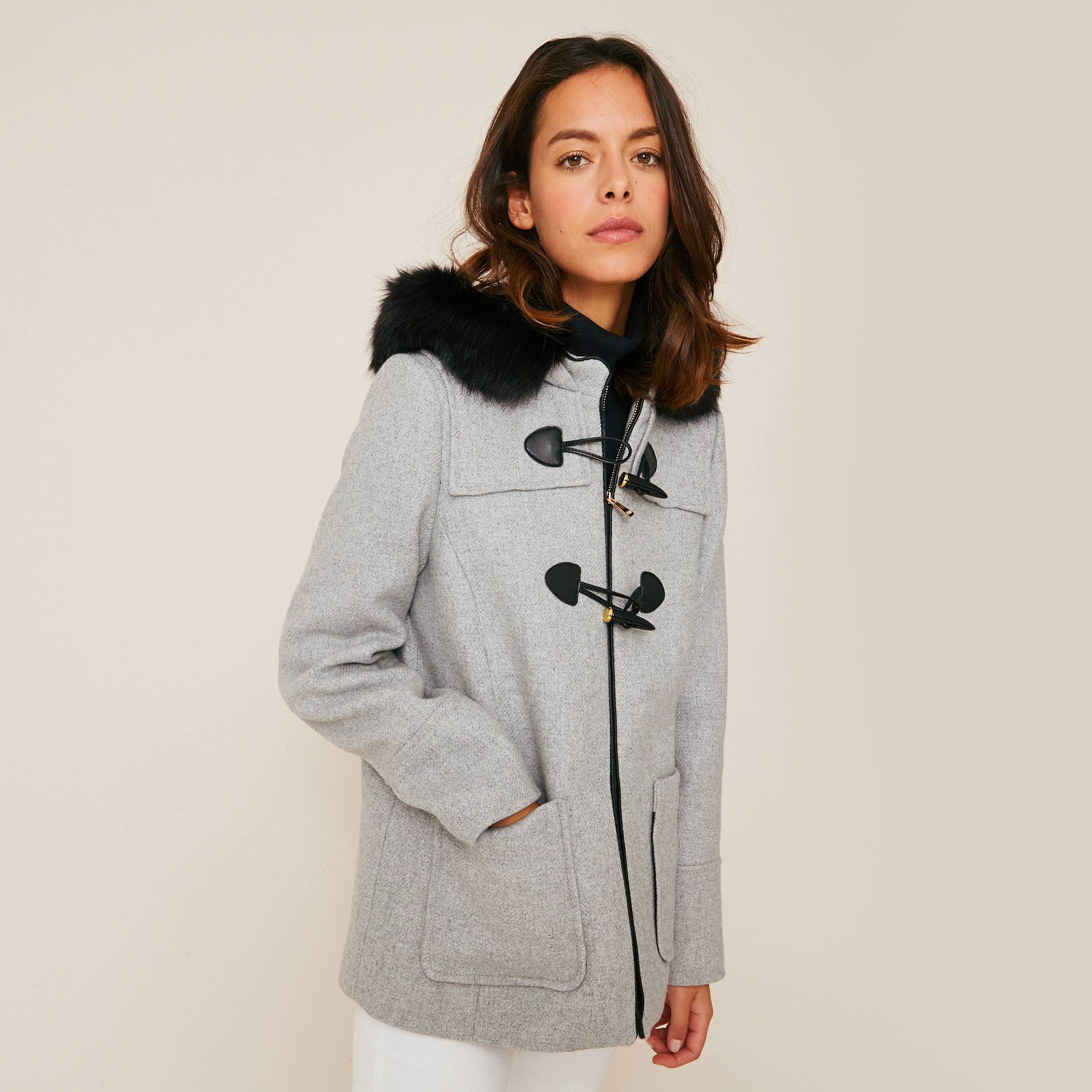 Manteau à capuche fausse fourrure, Gris clair, large image number 0
