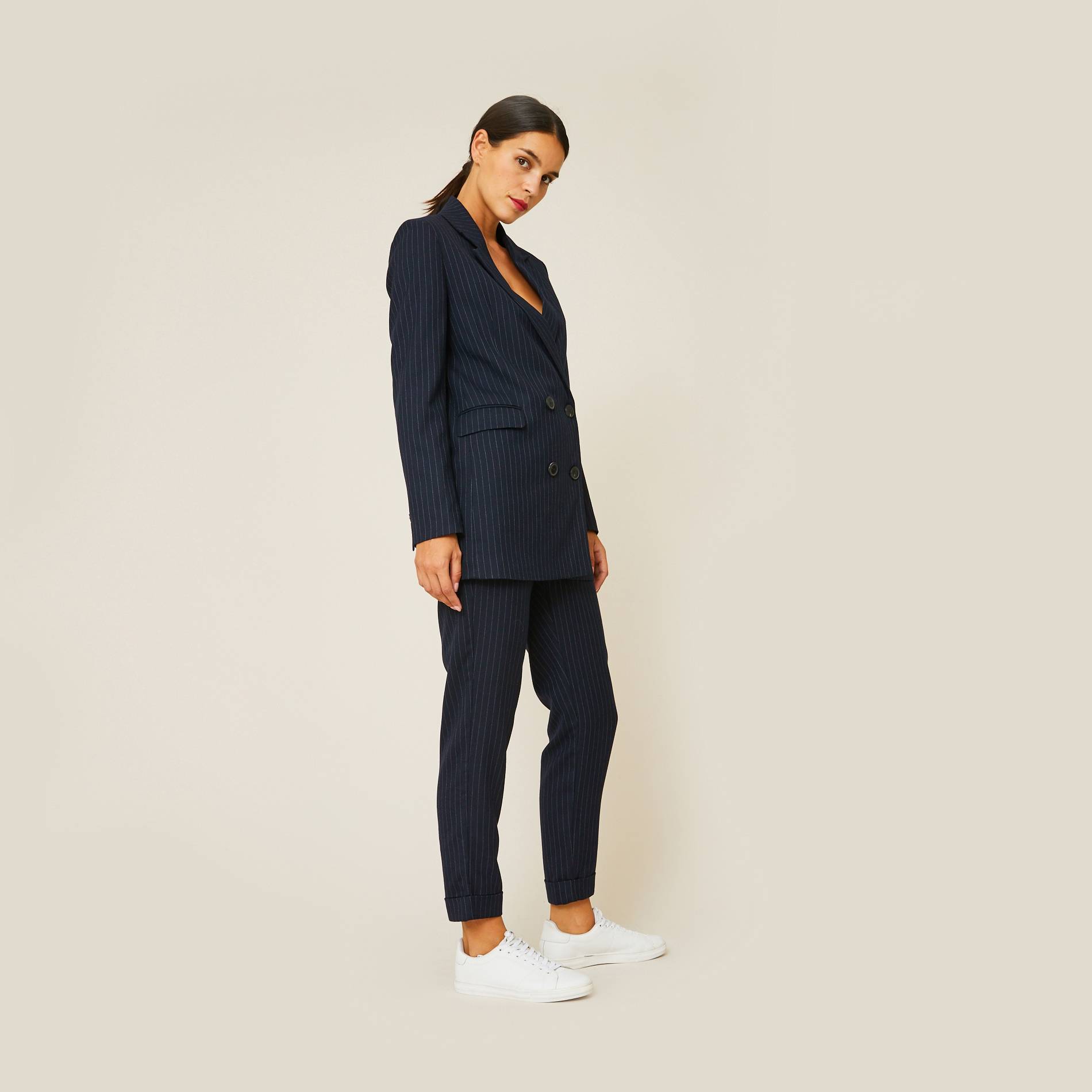 Pantalon tailleur rayé, Bleu marine, large image number 0