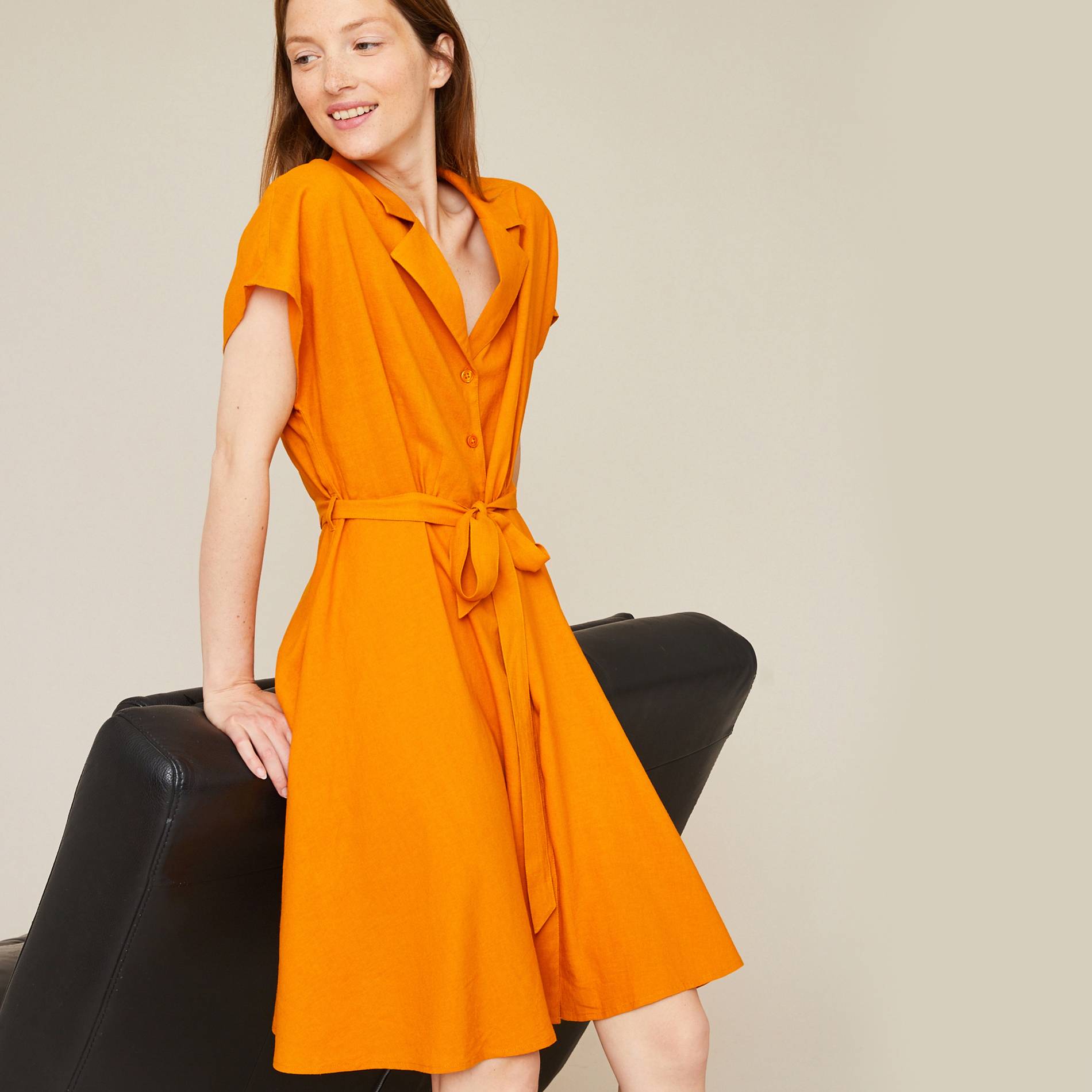 Robe chemise boutonnée en lin viscose, Orange, large image number 0