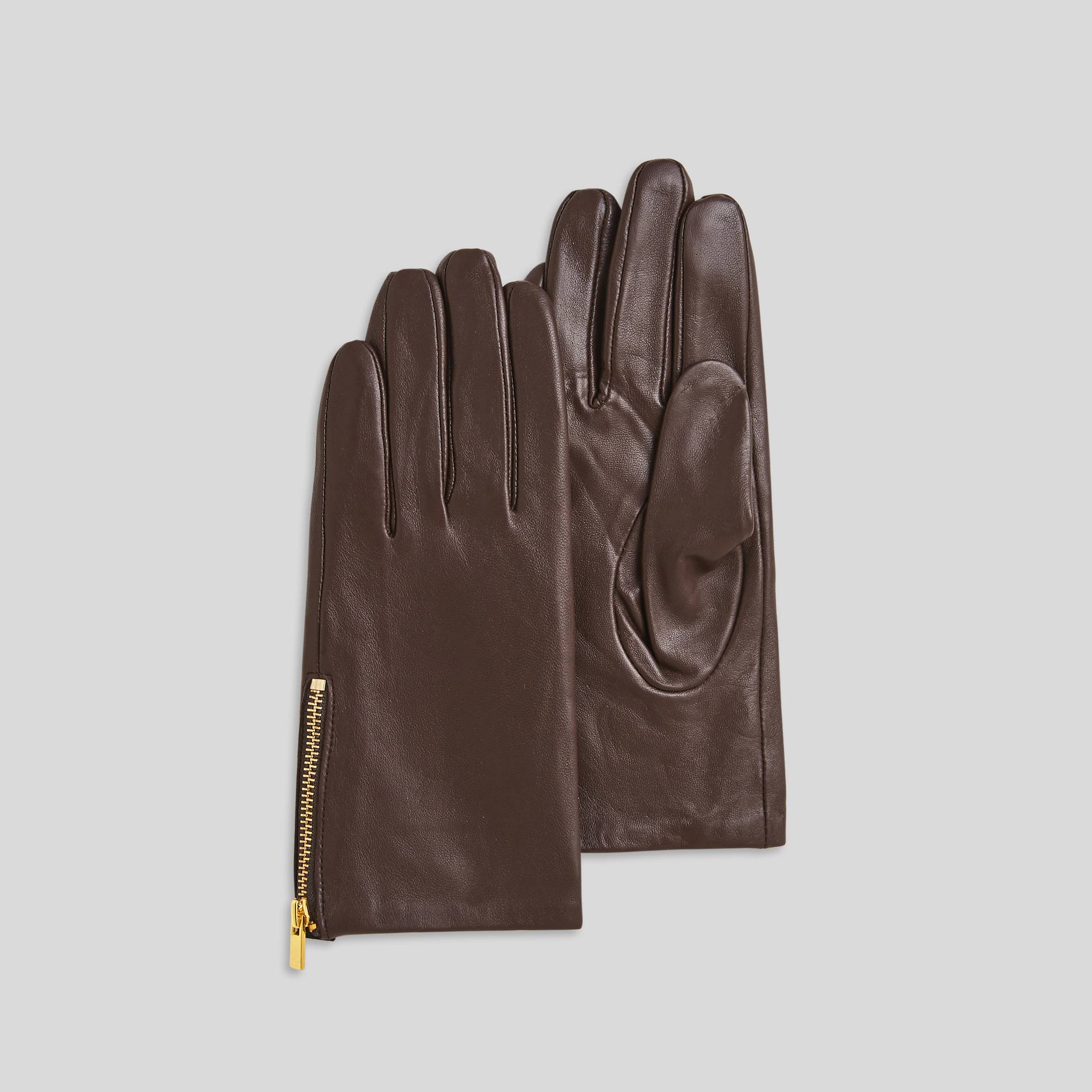 Gants en cuir uni zip constraté, Chocolat, large image number 0.0