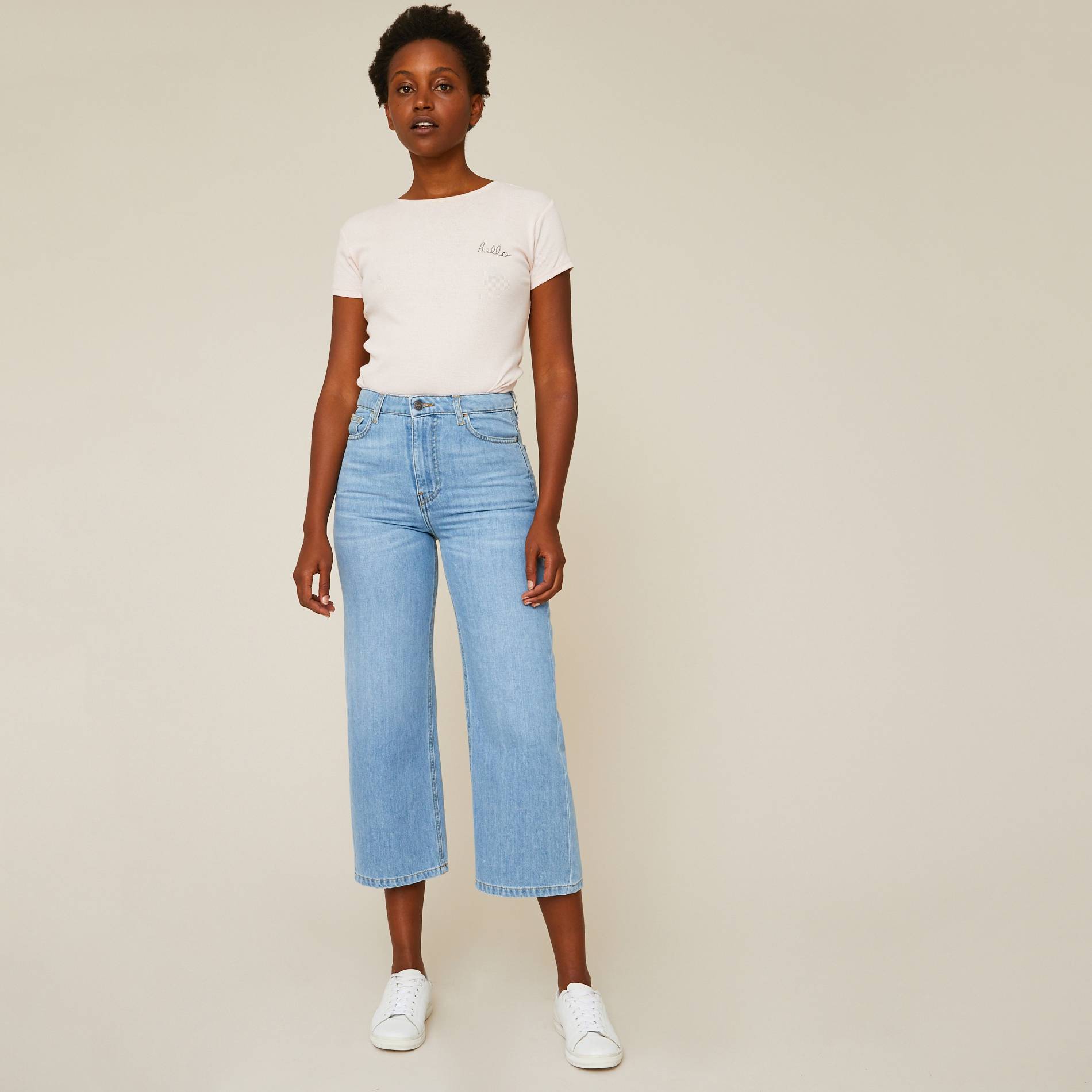 Jean bleach fluide jambes raccourcies, Bleu, large image number 0