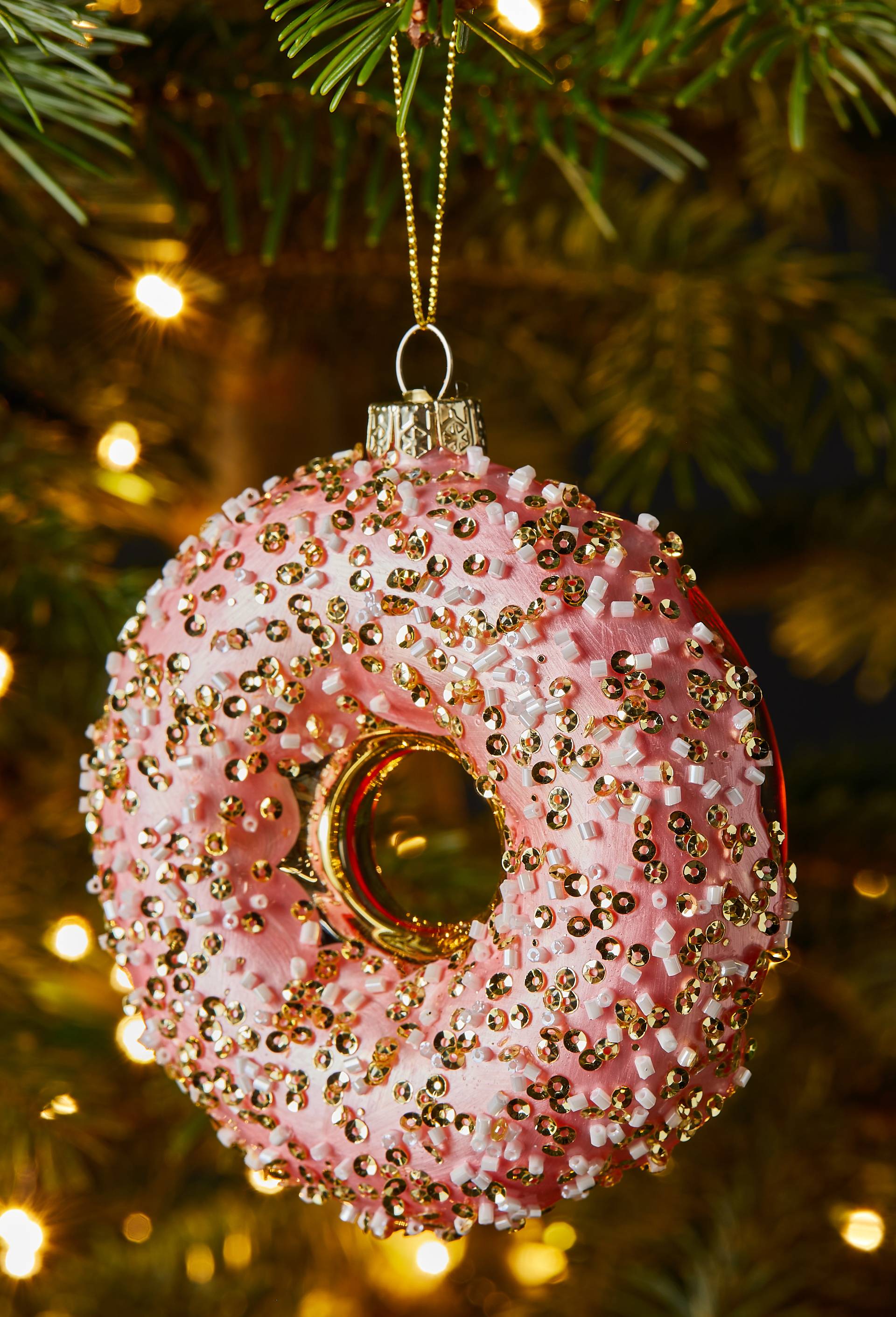 Ornement donut, 11cm, en verre, Rose clair, large image number 1
