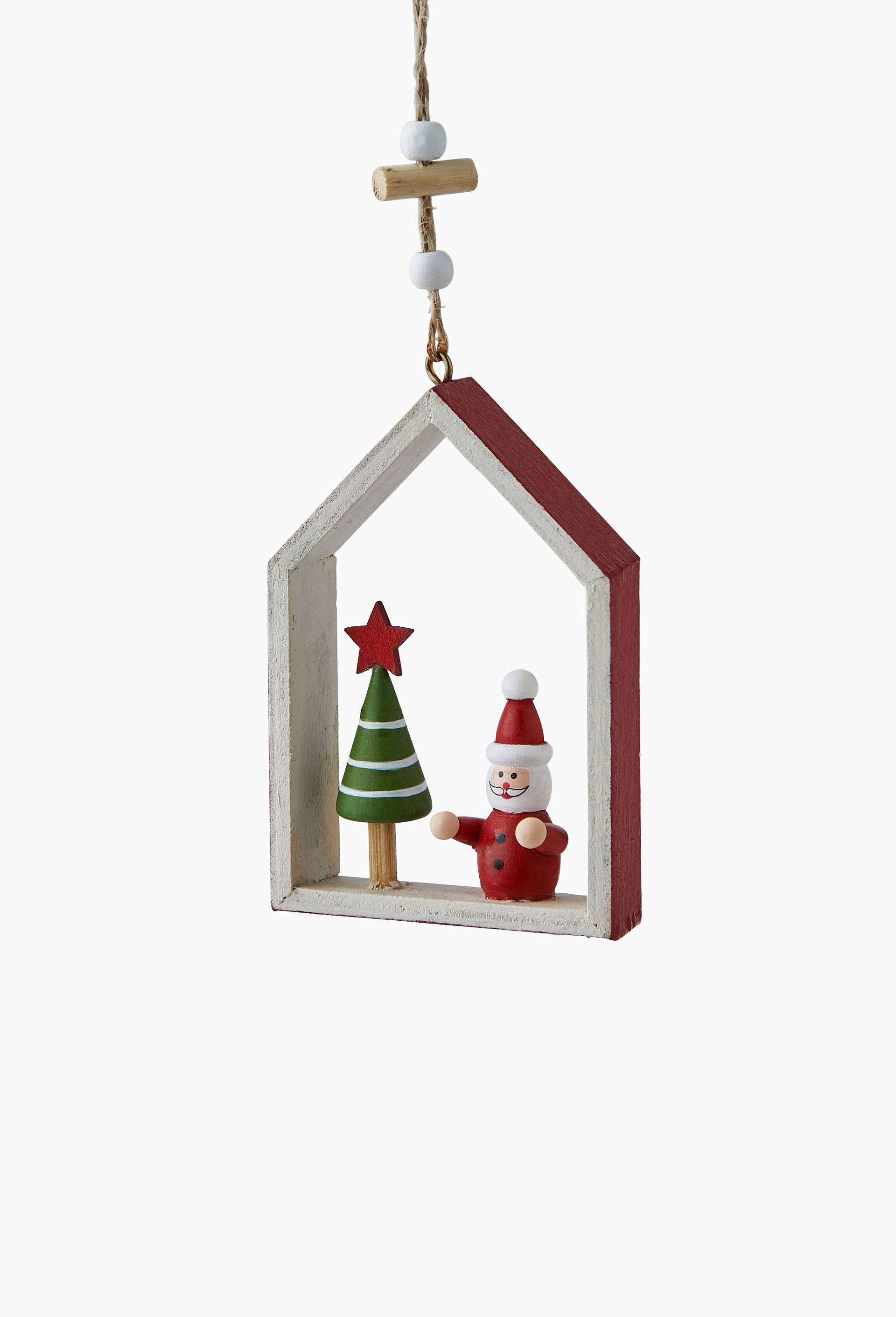 Ornement maison en bois avec p&egrave;re no&euml;l et sapin, Beige clair, large image number 0