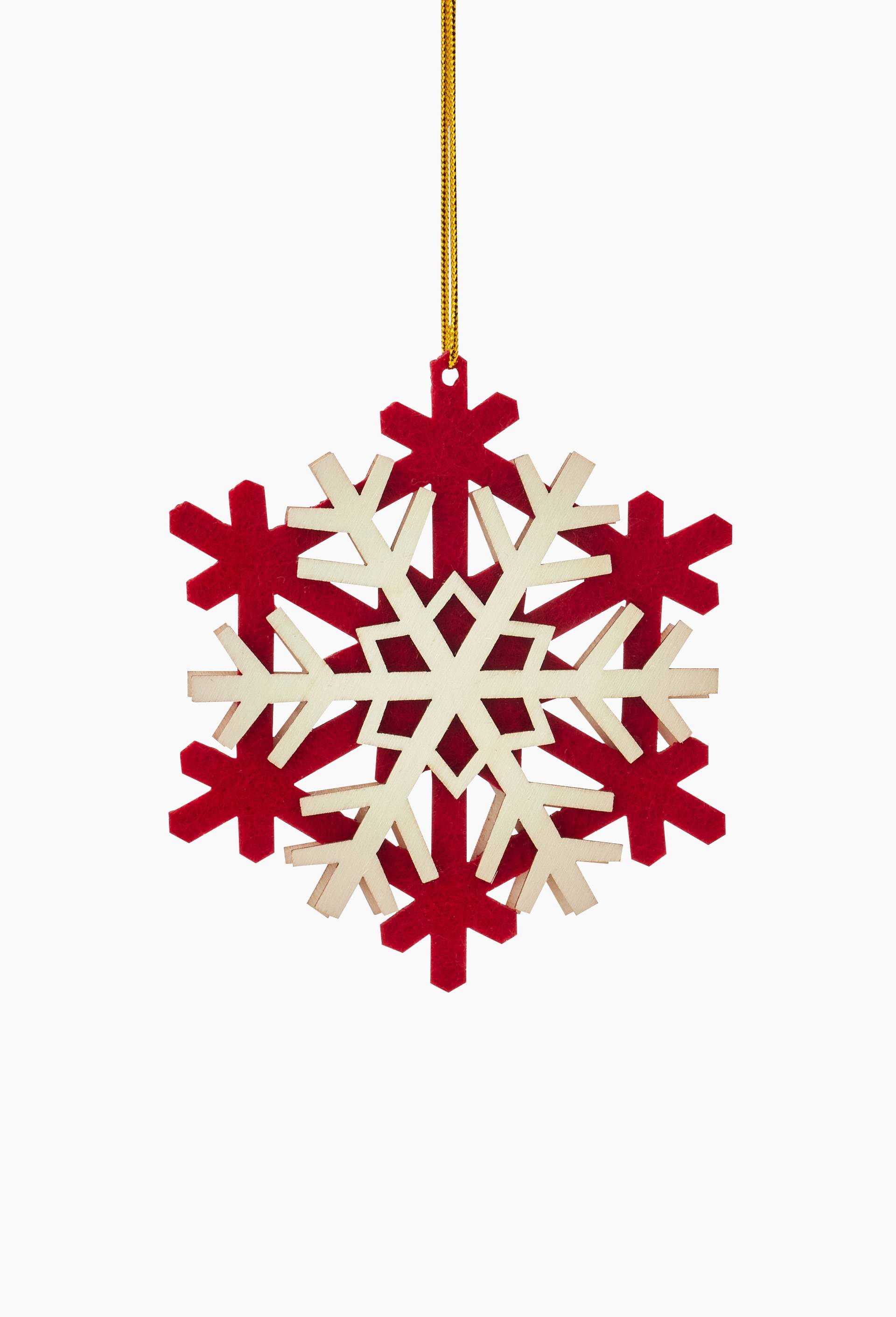 Ornement flocon, 11cm, en bois et feutrine, Rouge, large image number 0