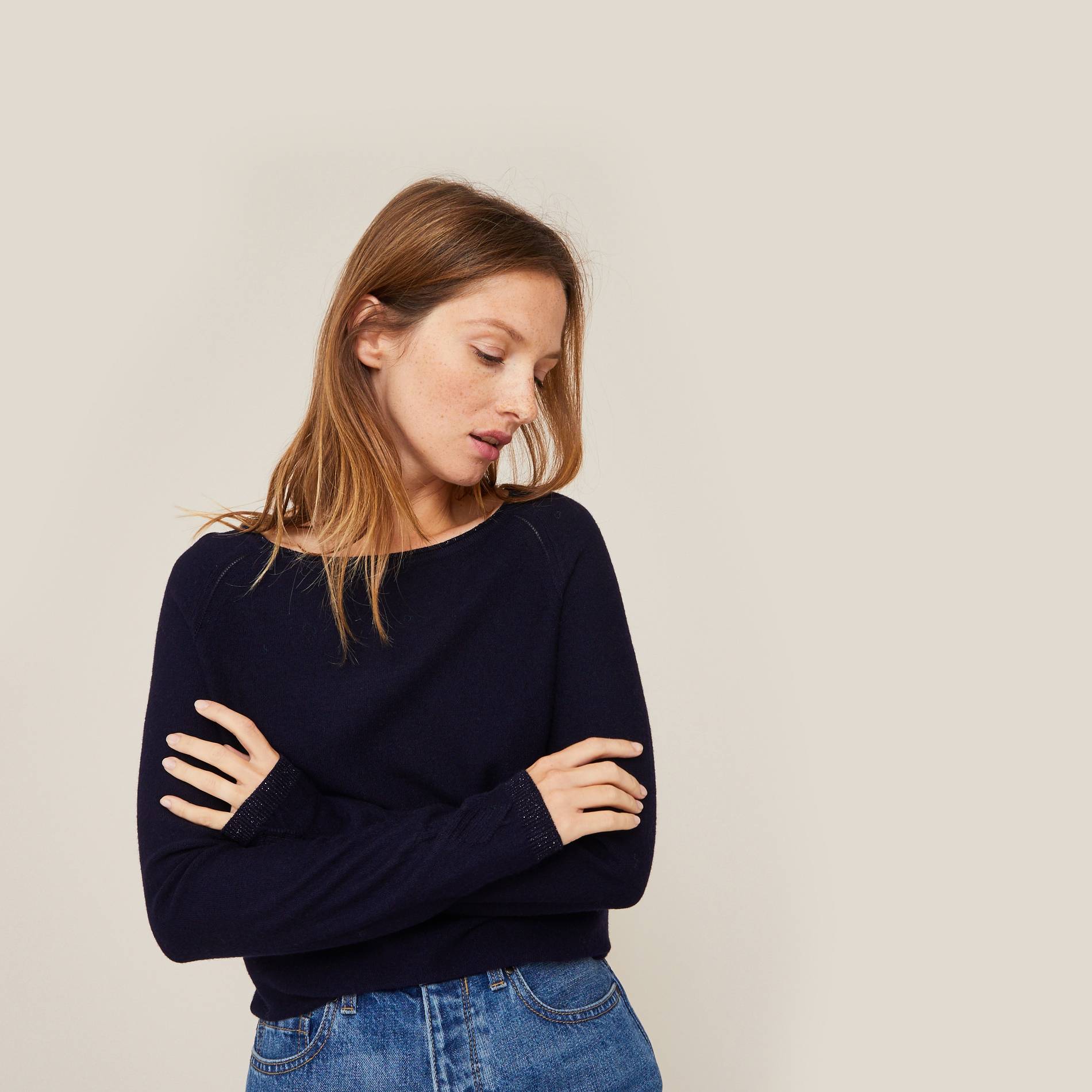 Pull contenant de la laine avec fils brillants, Bleu marine, large image number 0