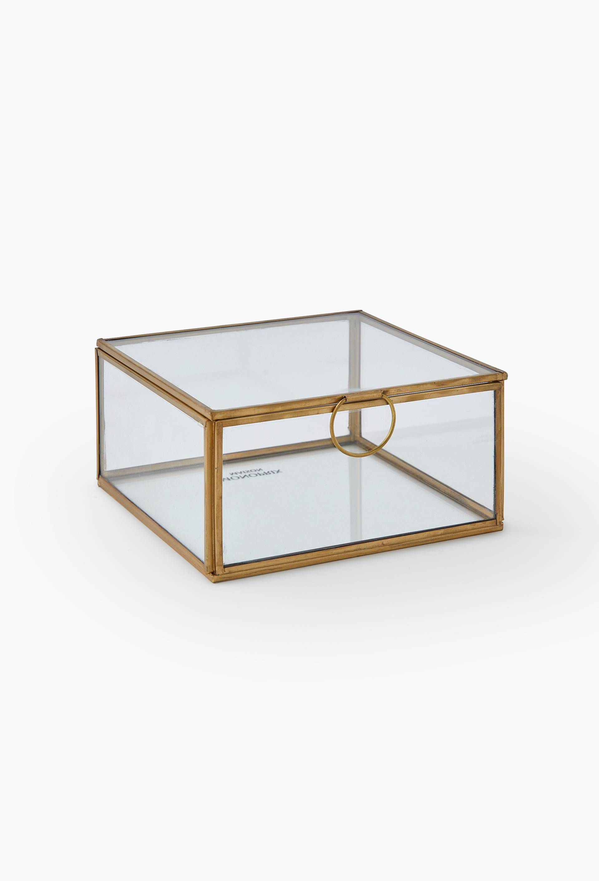 Boite carr&eacute;e, 16xH8cm, verre et m&eacute;tal, Or, large image number 0