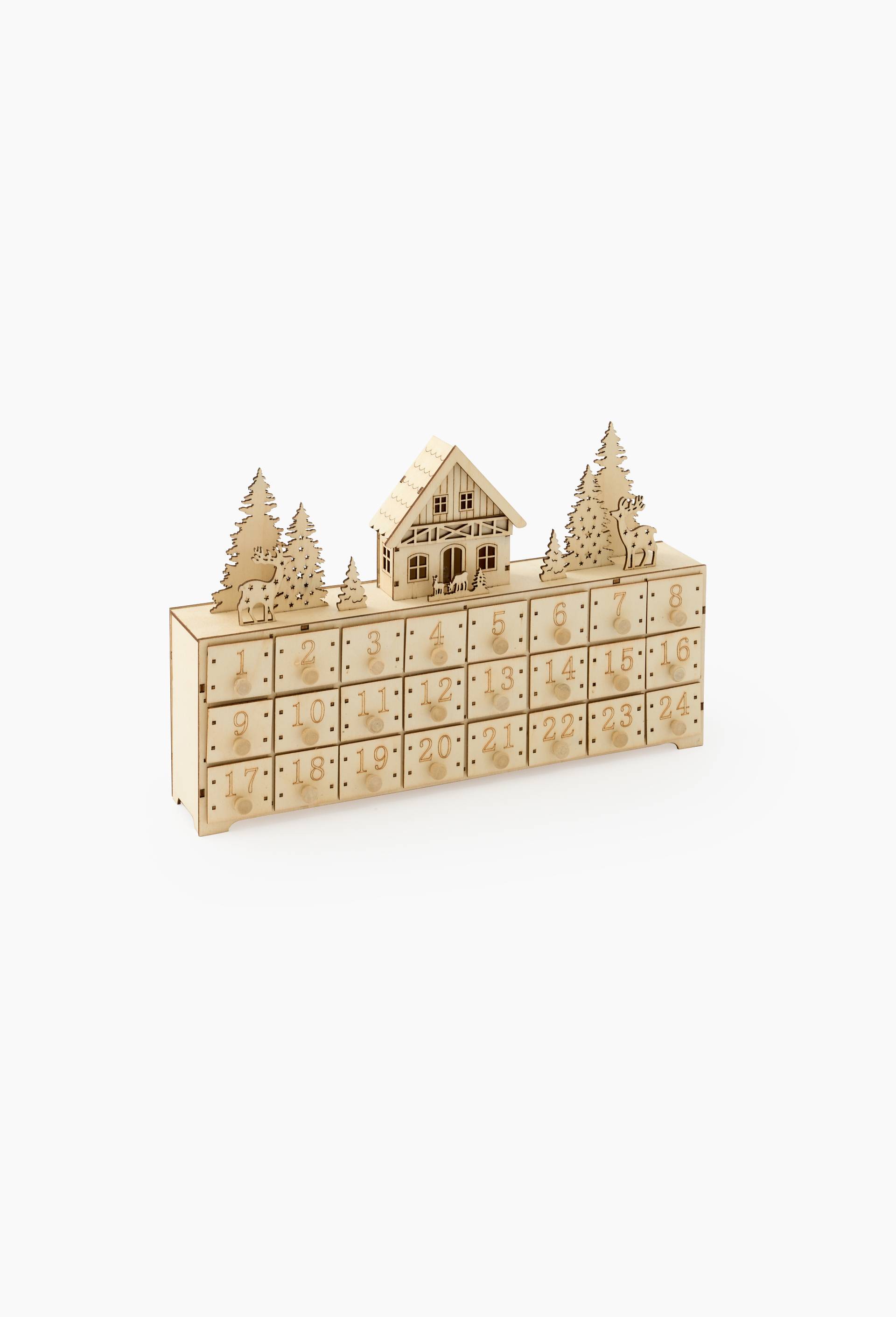 Calendrier de l'avent maison LED, 37.5x7.8x23.5cm, en bois, Beige clair, large image number 0