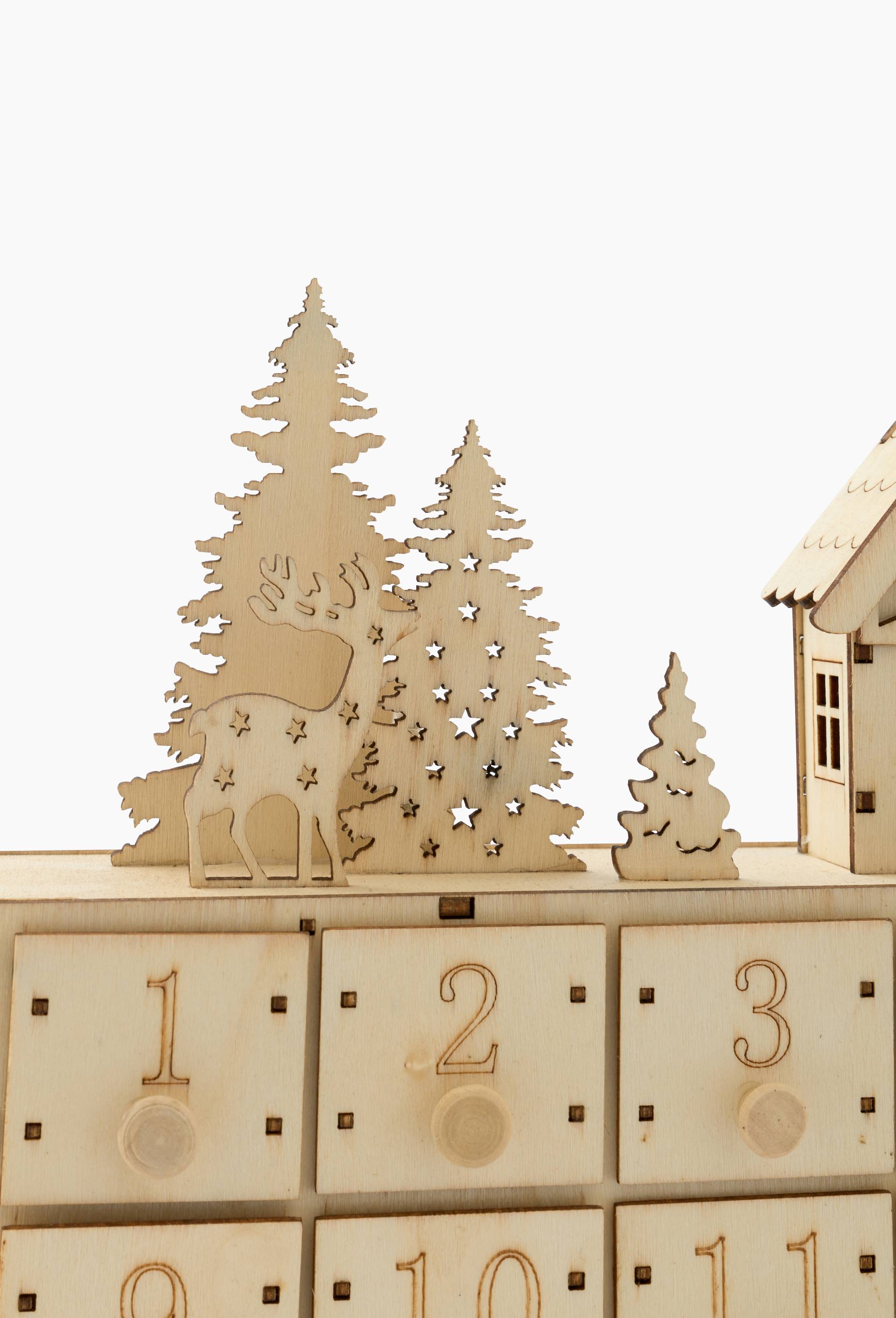 Calendrier de l'avent maison LED, 37.5x7.8x23.5cm, en bois, Beige clair, large image number 1.0