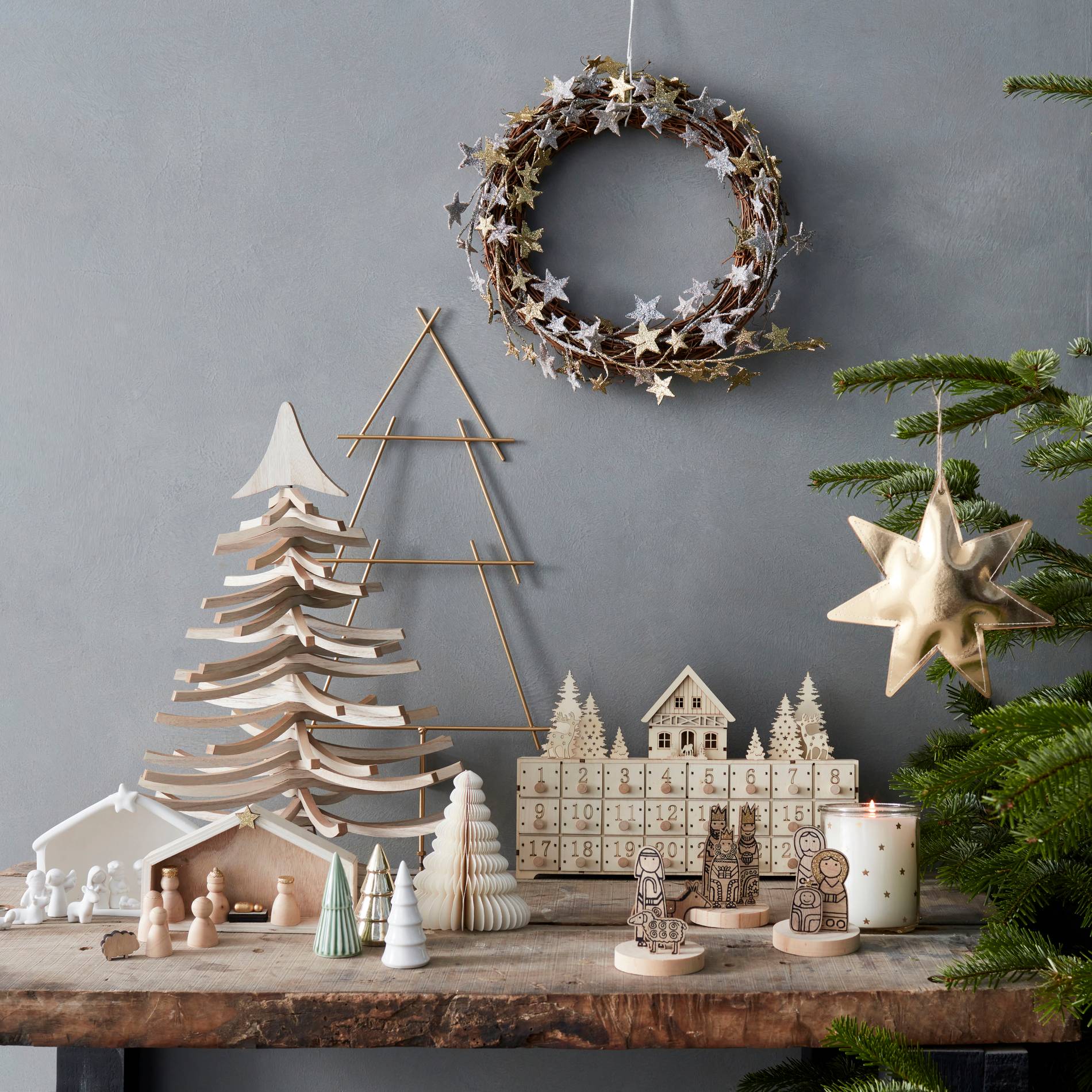 Calendrier de l'avent maison LED, 37.5x7.8x23.5cm, en bois, Beige clair, large image number 2.0