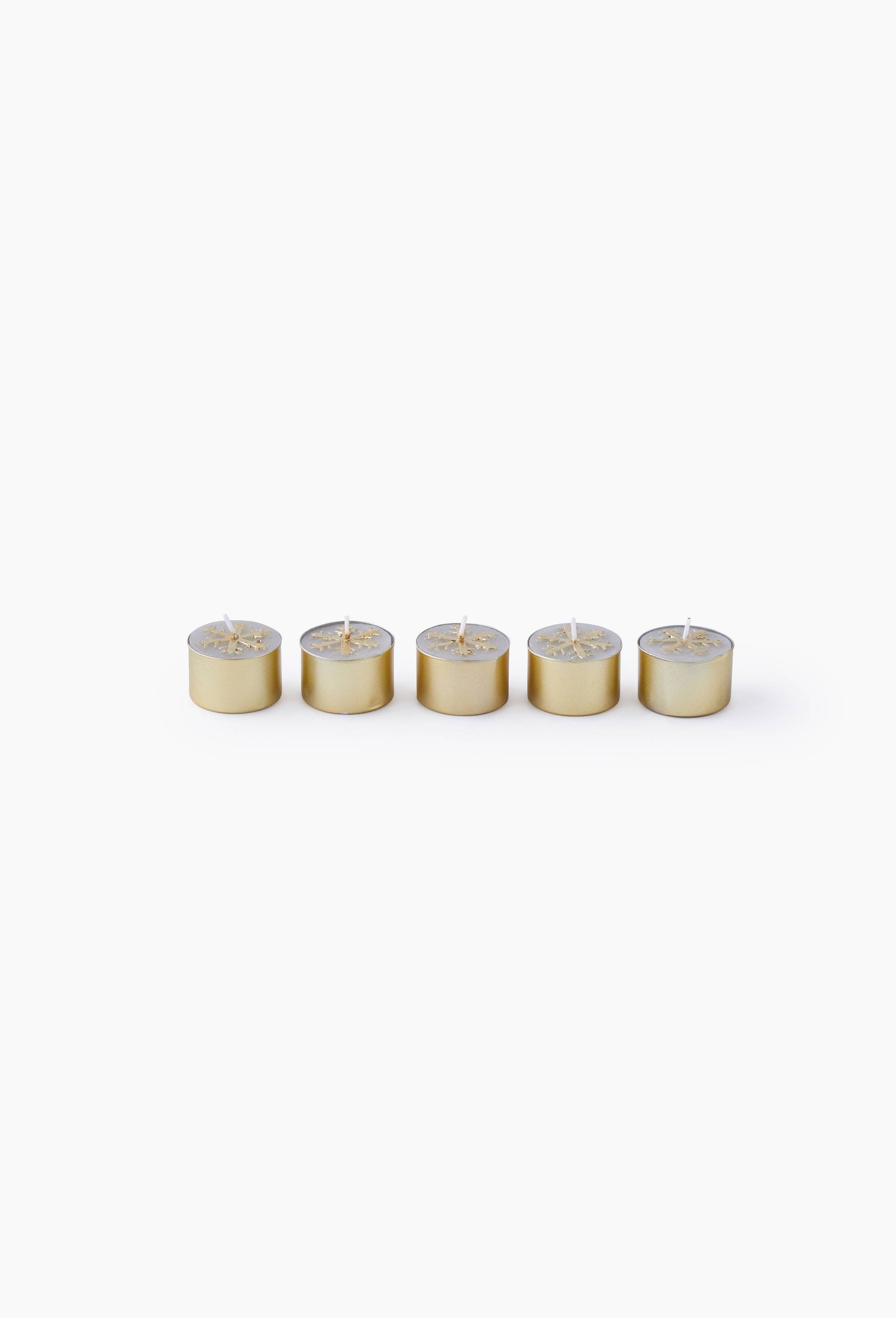 Boite de 5 bougies chauffe plat dessin flocon, 19x4x3 CM, en cire, Or, large image number 0