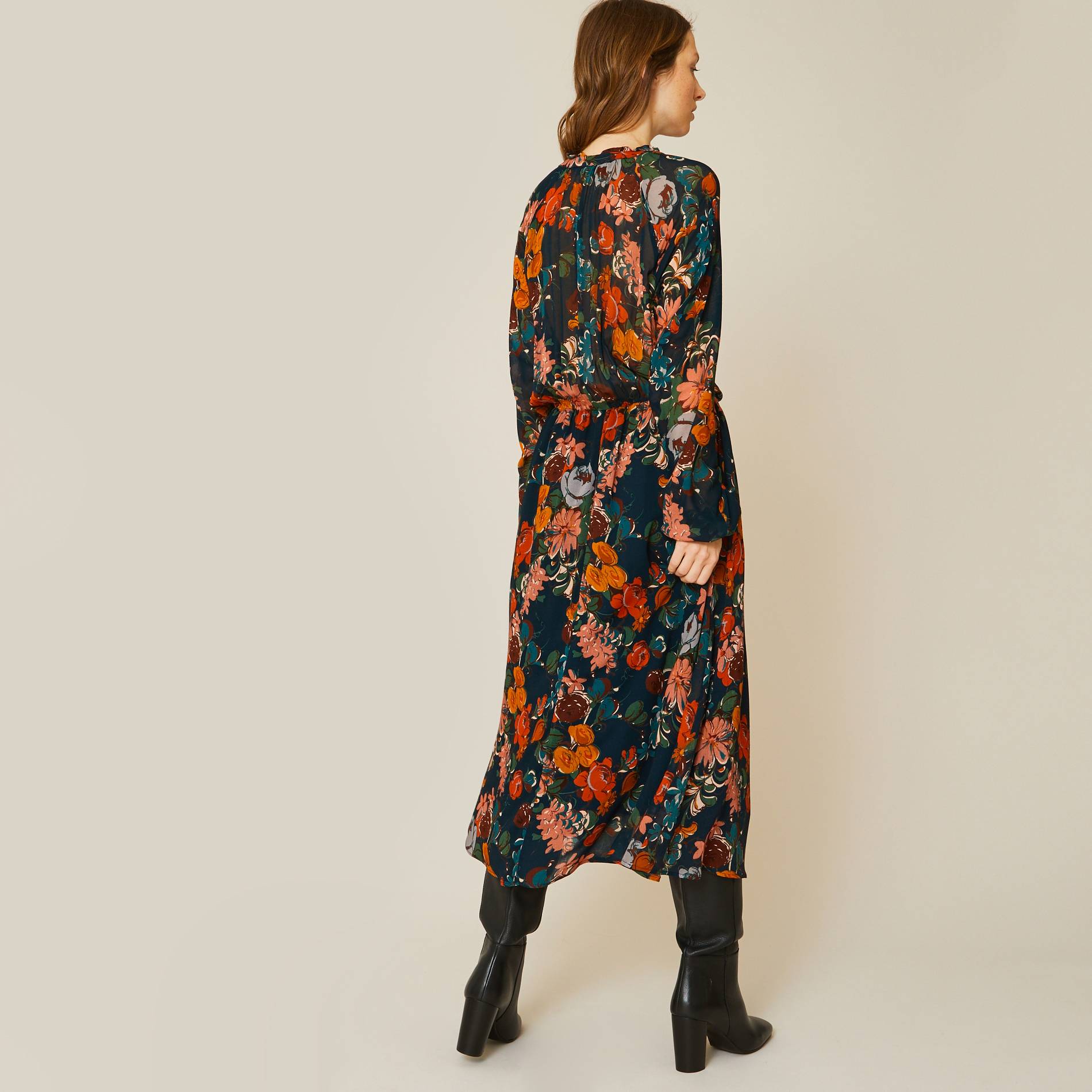 Robe longue col volanté imprimé floral, Bleu marine, large image number 1