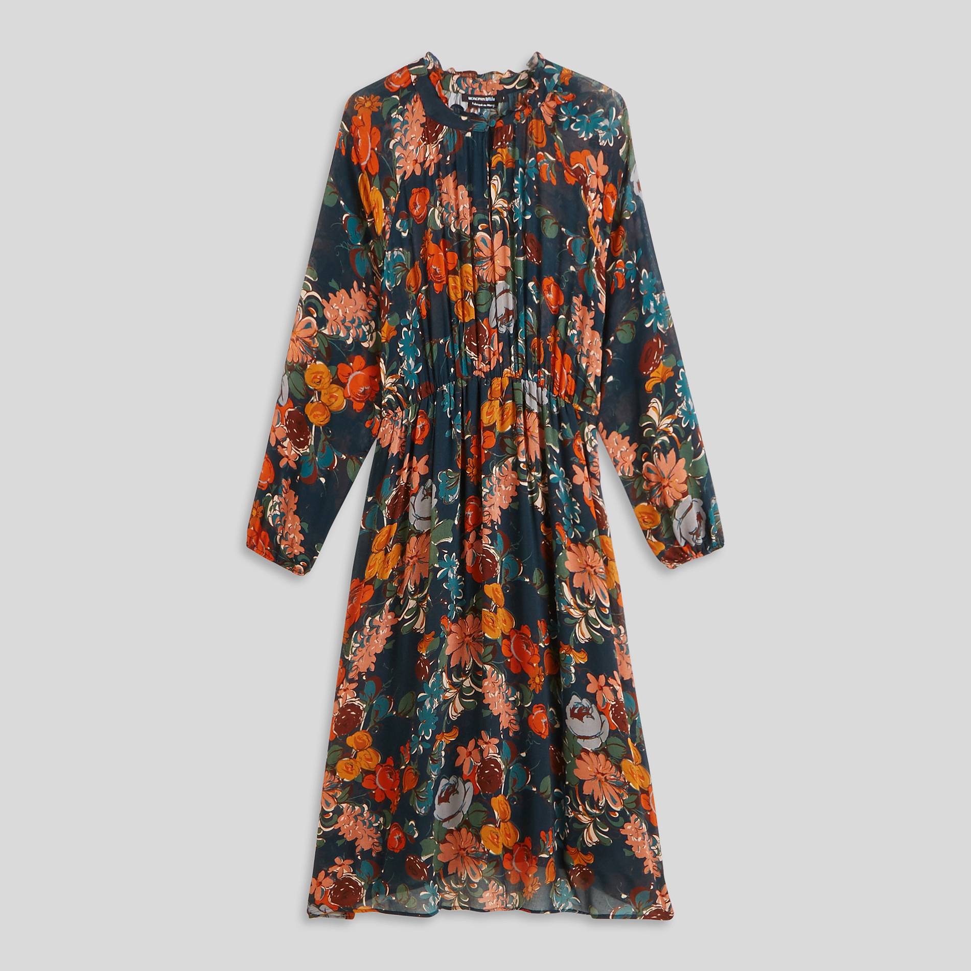Robe longue col volanté imprimé floral, Bleu marine, large image number 2