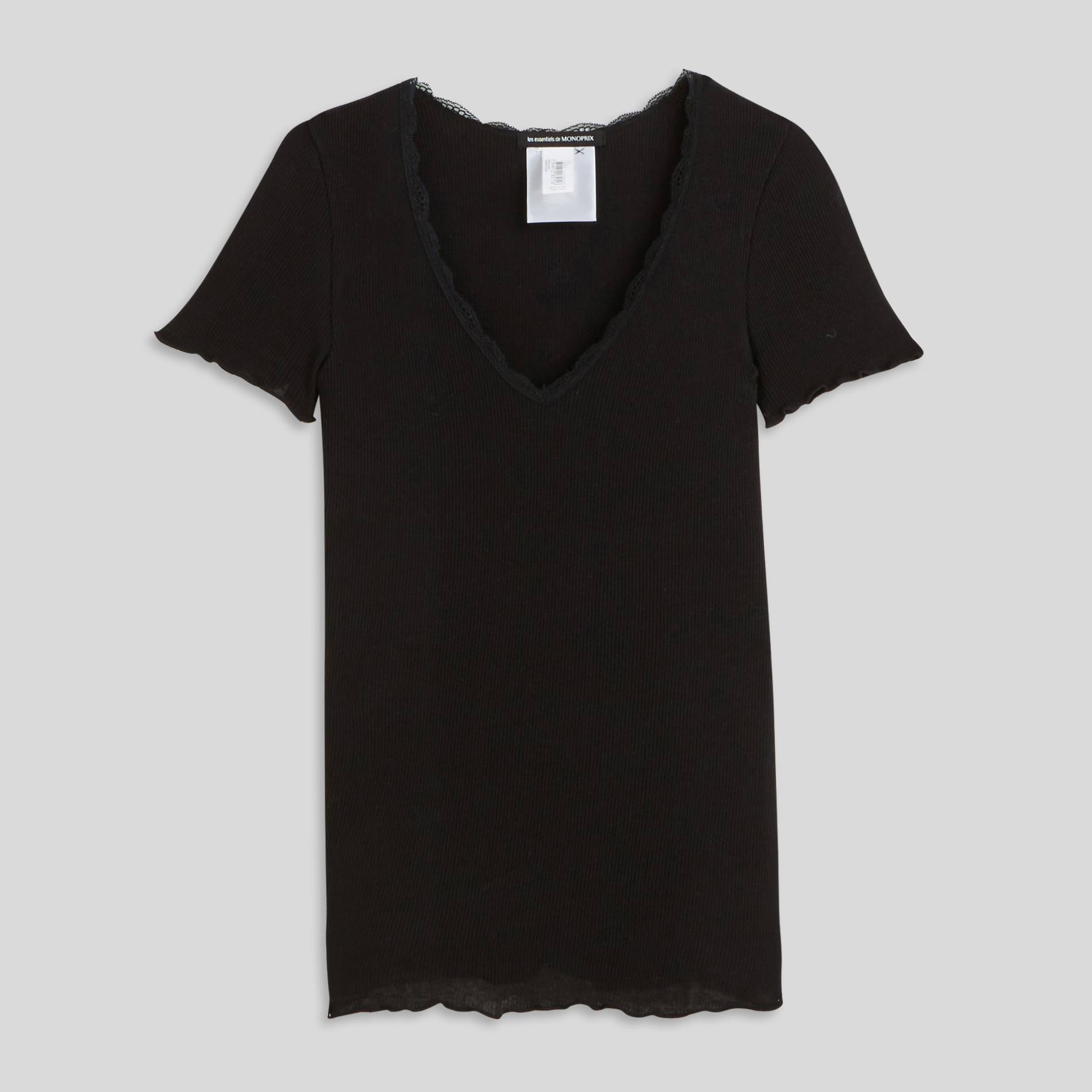 T-shirt manches courtes en coton détails en dentelle, Noir, large image number 2.0