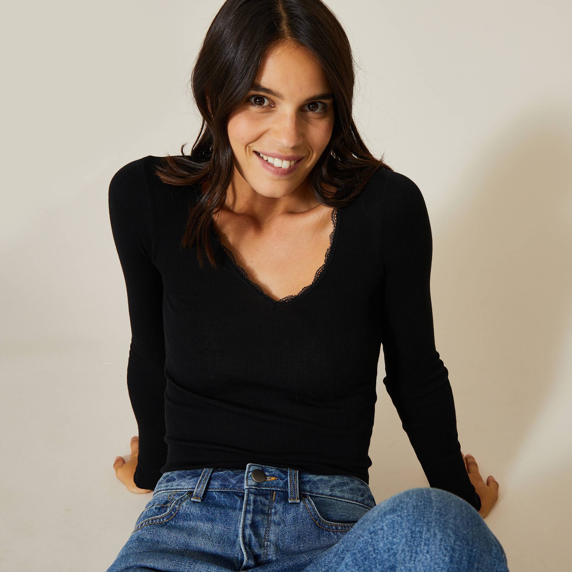 T-shirt manches courtes en coton détails en dentelle, Noir, large image number 0.0