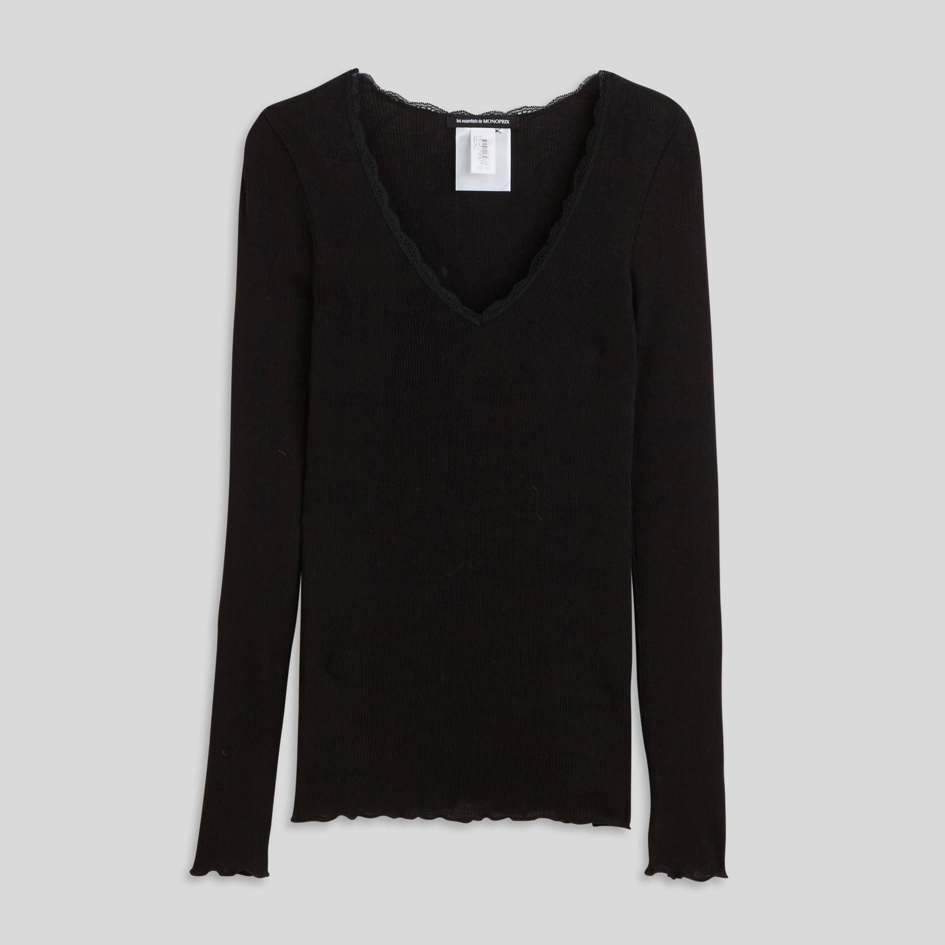 T-shirt manches courtes en coton détails en dentelle, Noir, large image number 2