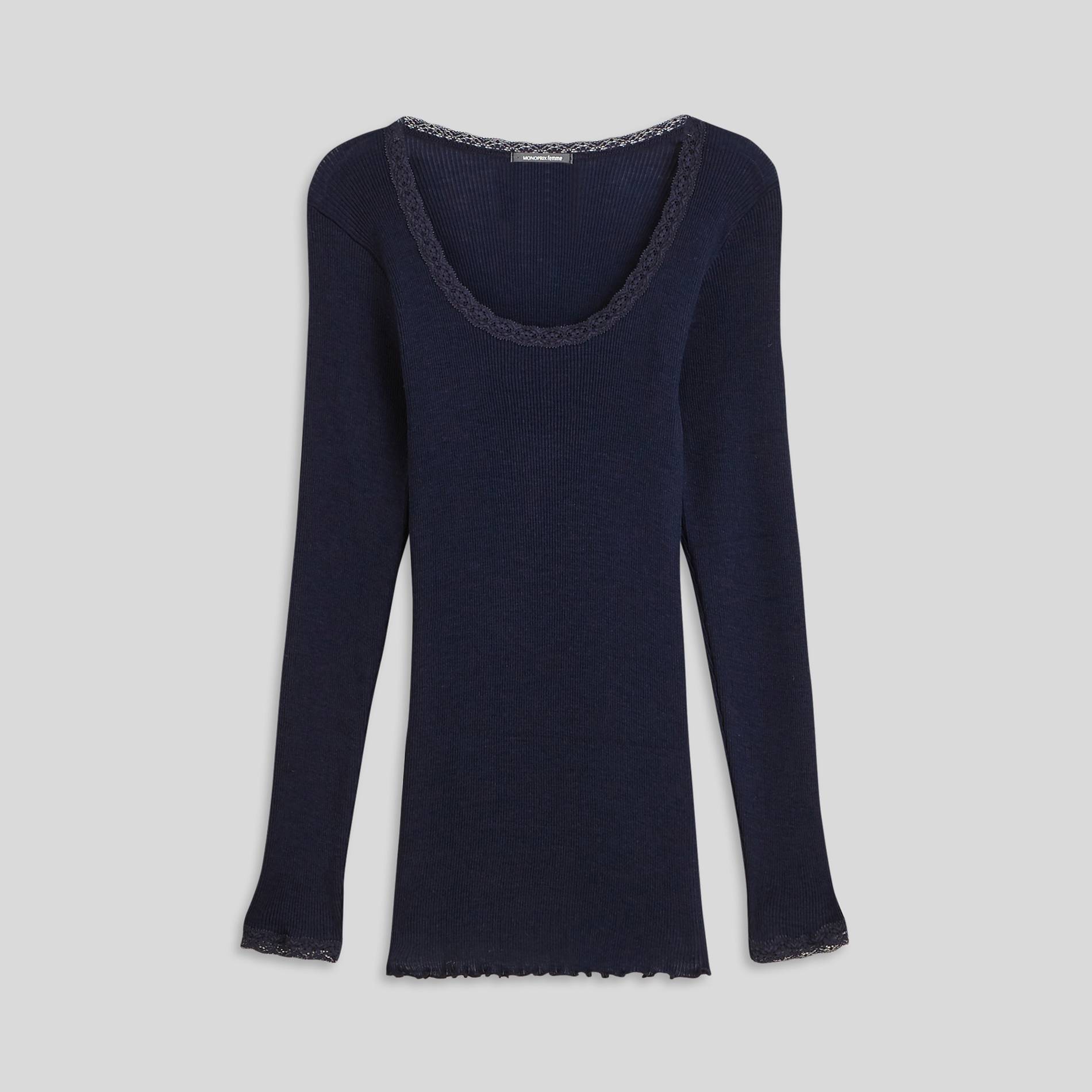 T-shirt manches longues en laine et soie, Bleu foncé, large image number 2