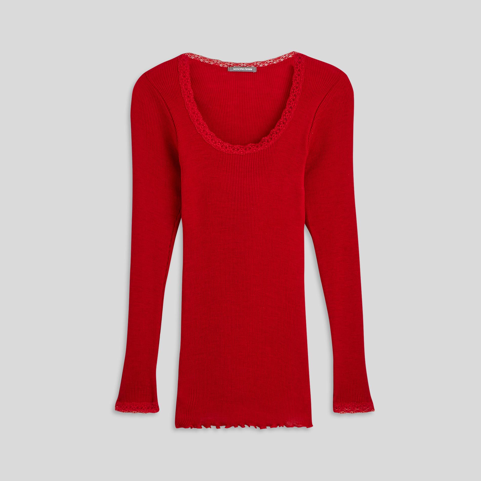 T-shirt manches longues en laine et soie, Rouge foncé, large image number 2.0
