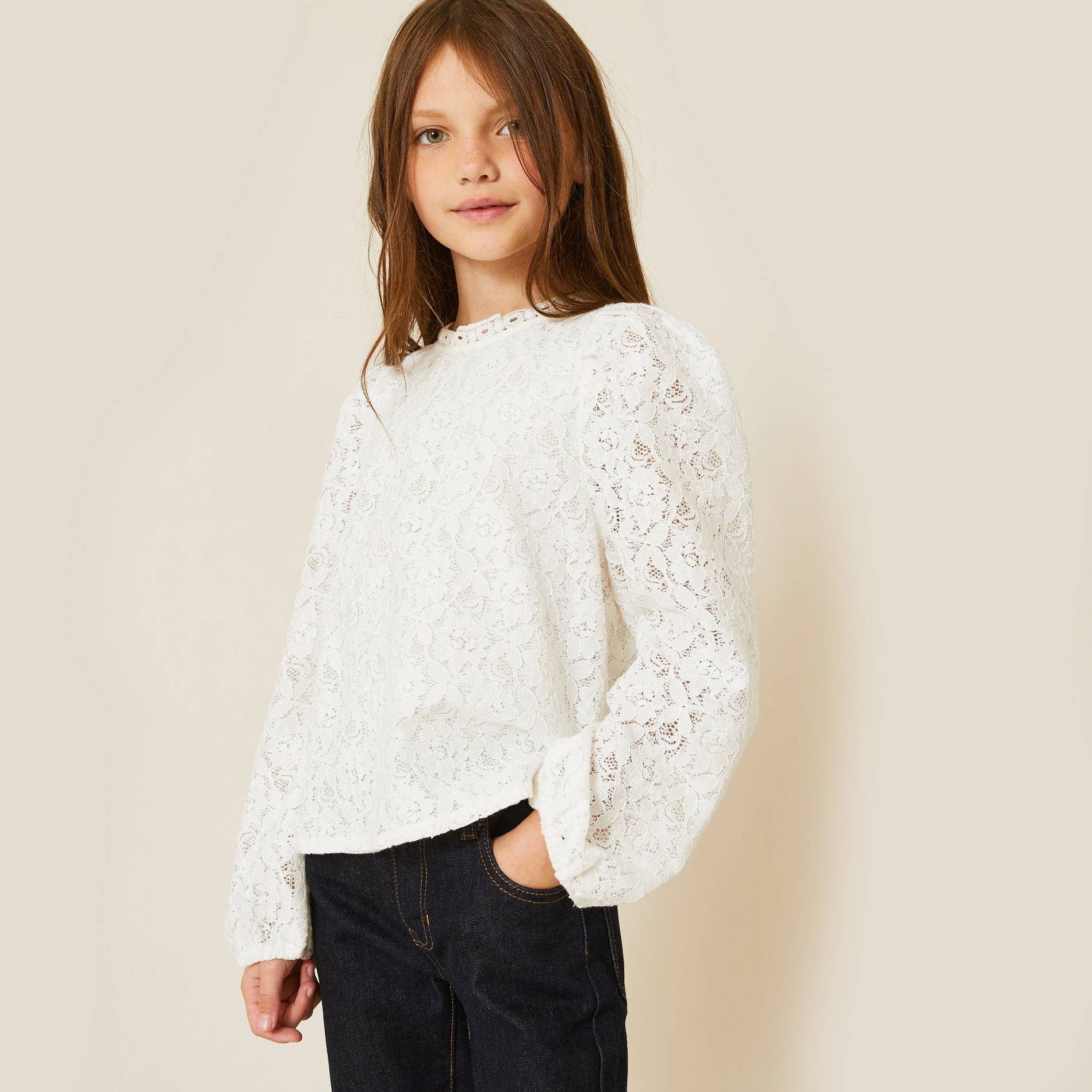 Blouse manches longues en dentelle, Ecru, large image number 0