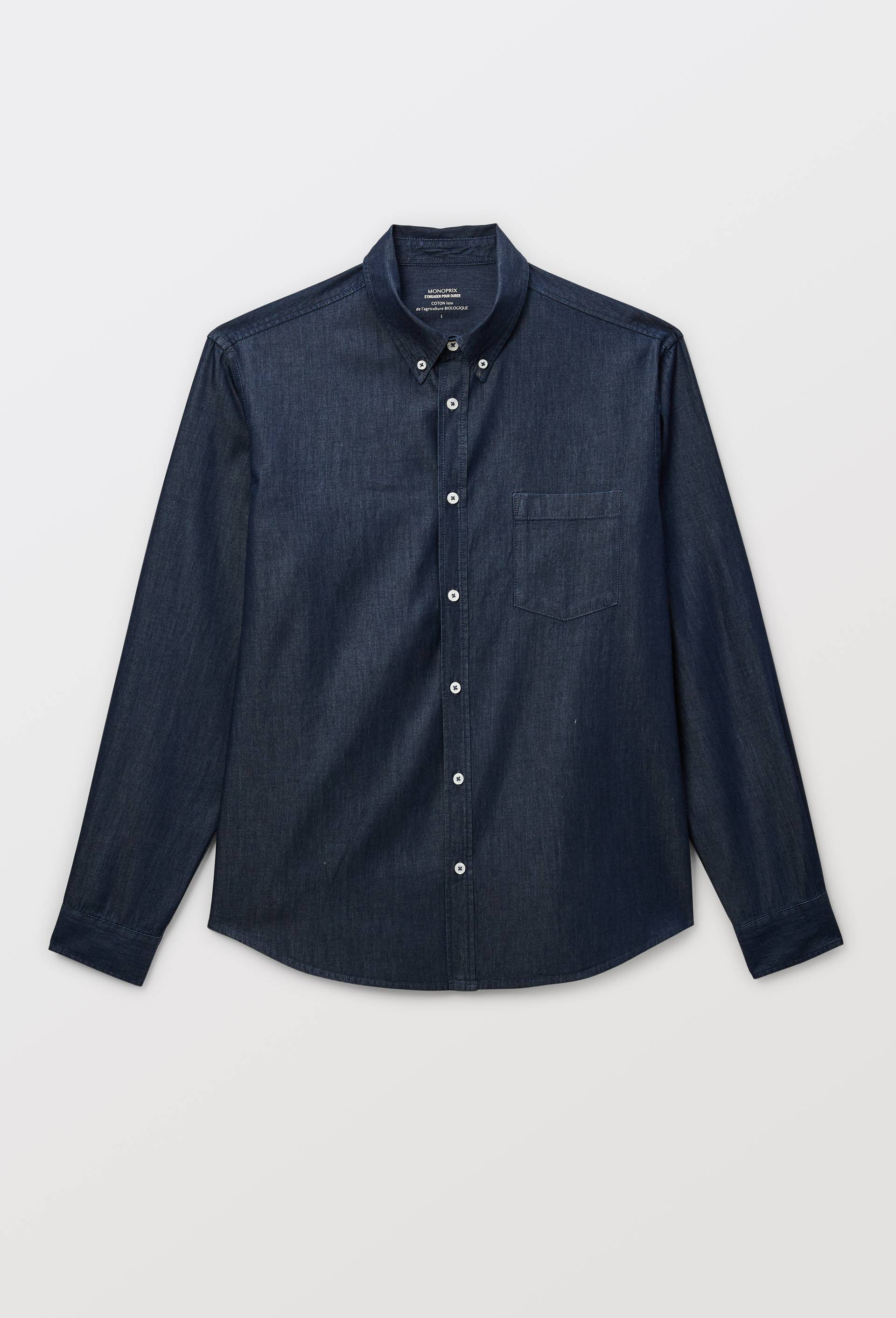 Chemise manches longues chambray jean en coton BIO GOTS, Bleu fonc&eacute;, large image number 3.0