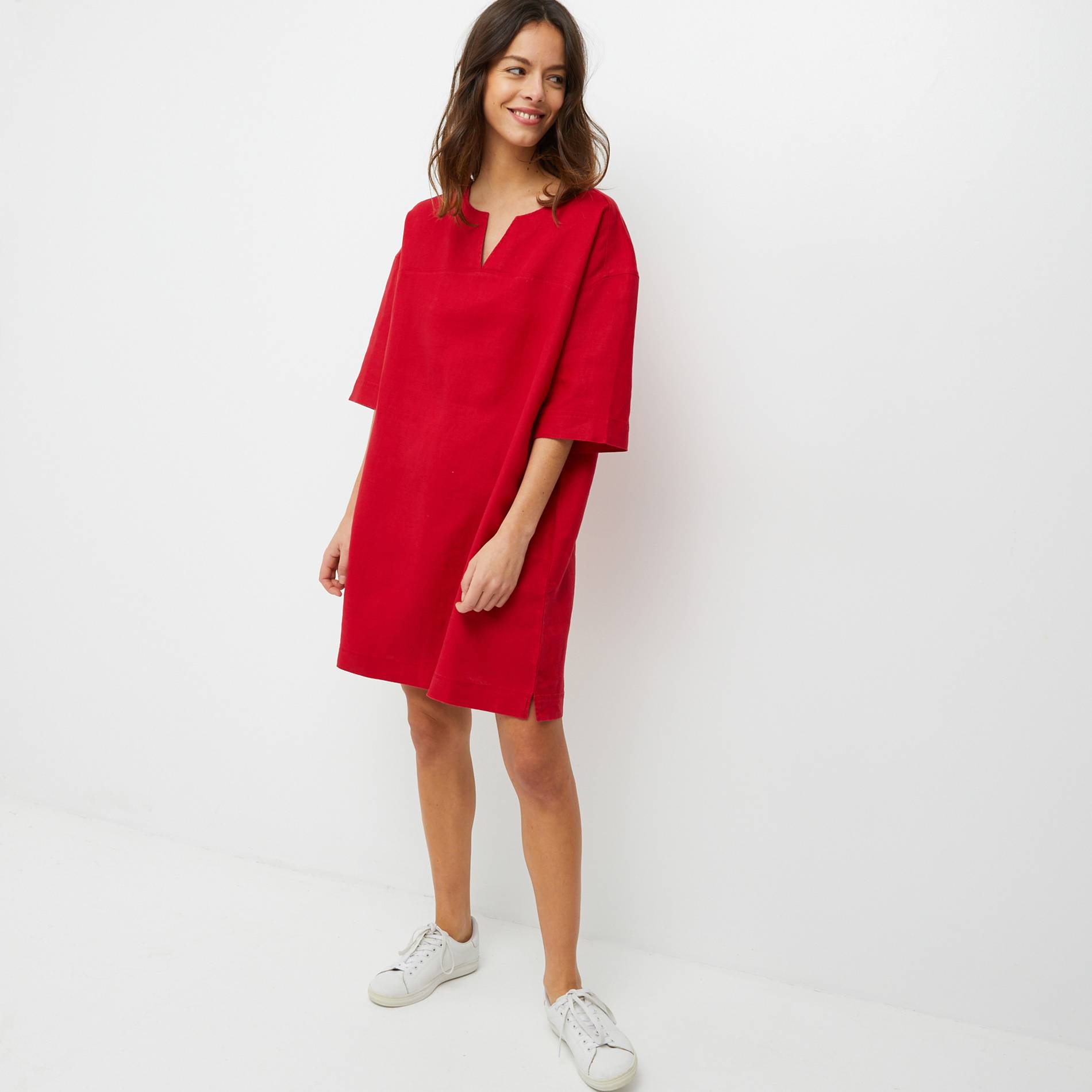 Robe courte manches 3/4 en lin unie, Rouge, large image number 0