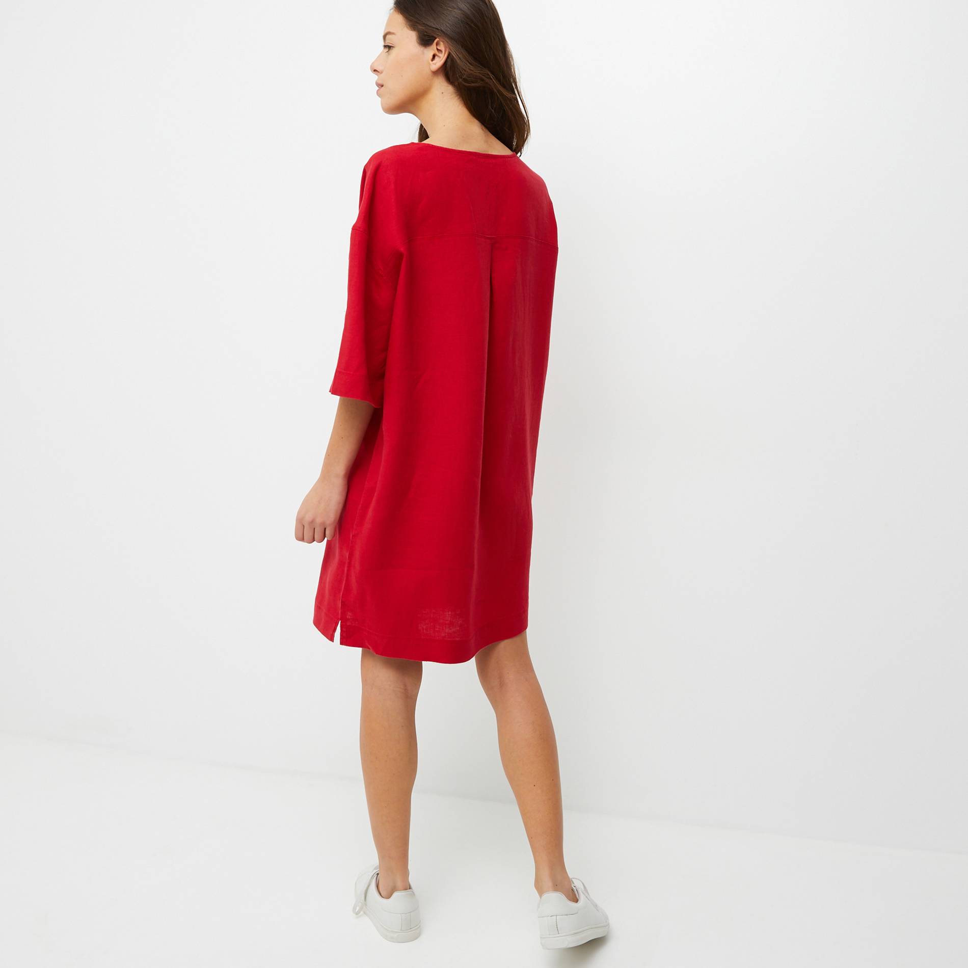 Robe courte manches 3/4 en lin unie, Rouge, large image number 1
