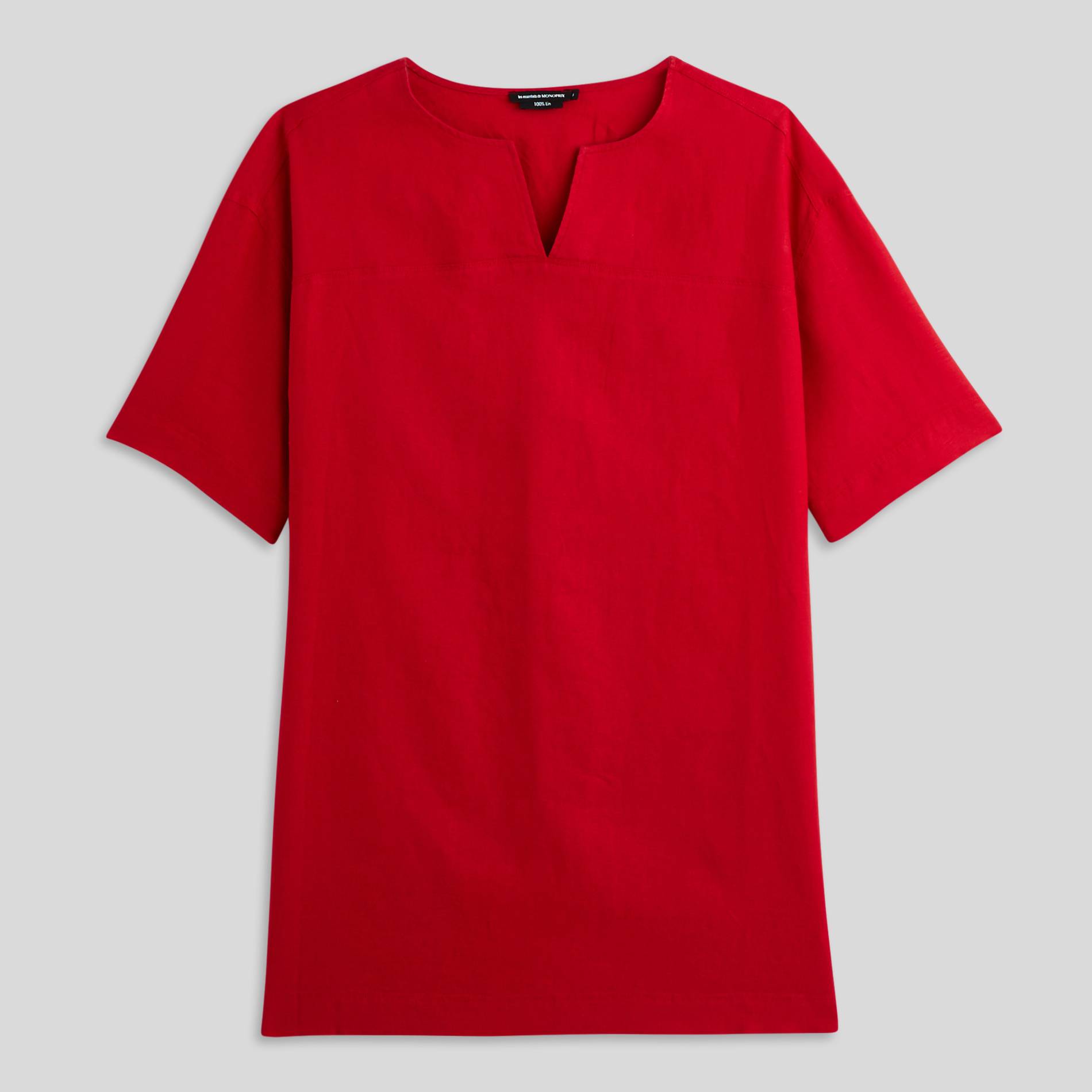 Robe courte manches 3/4 en lin unie, Rouge, large image number 2