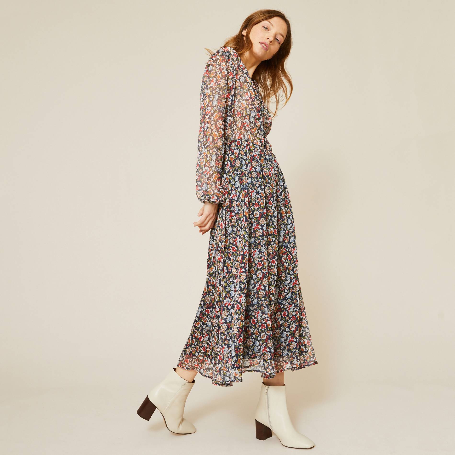 Robe fluide col V imprimé floral, Bleu marine, large image number 0.0