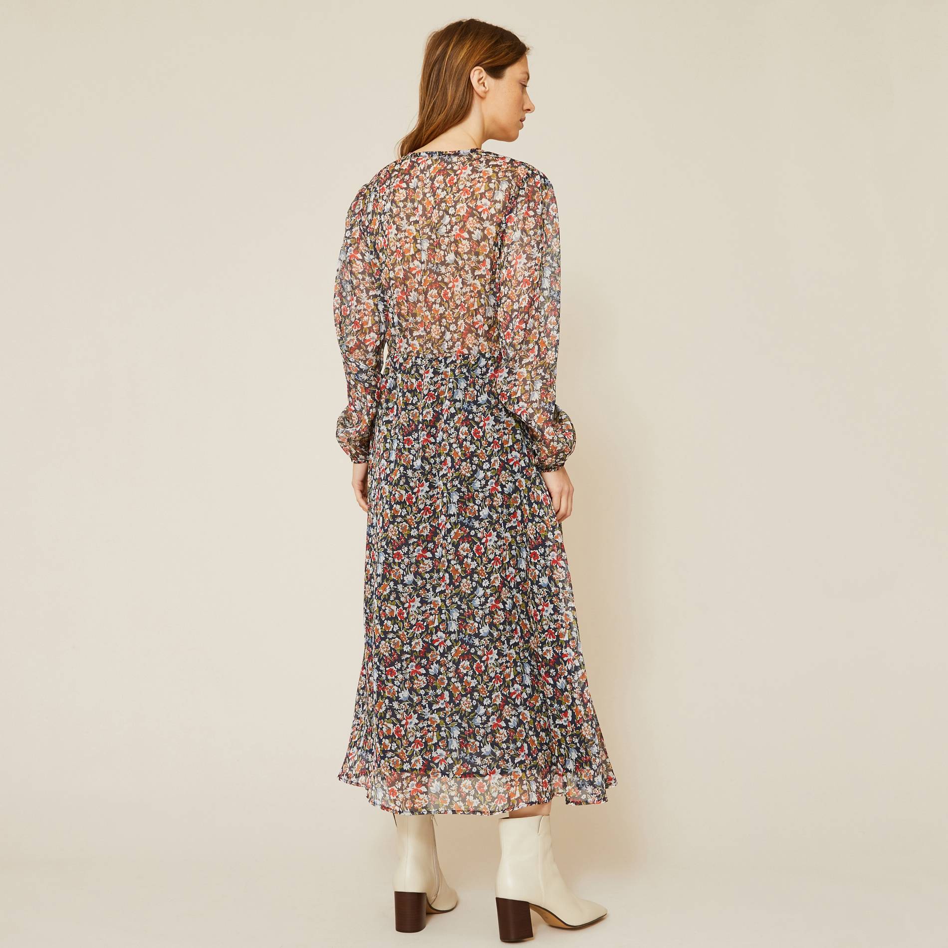 Robe fluide col V imprimé floral, Bleu marine, large image number 1.0