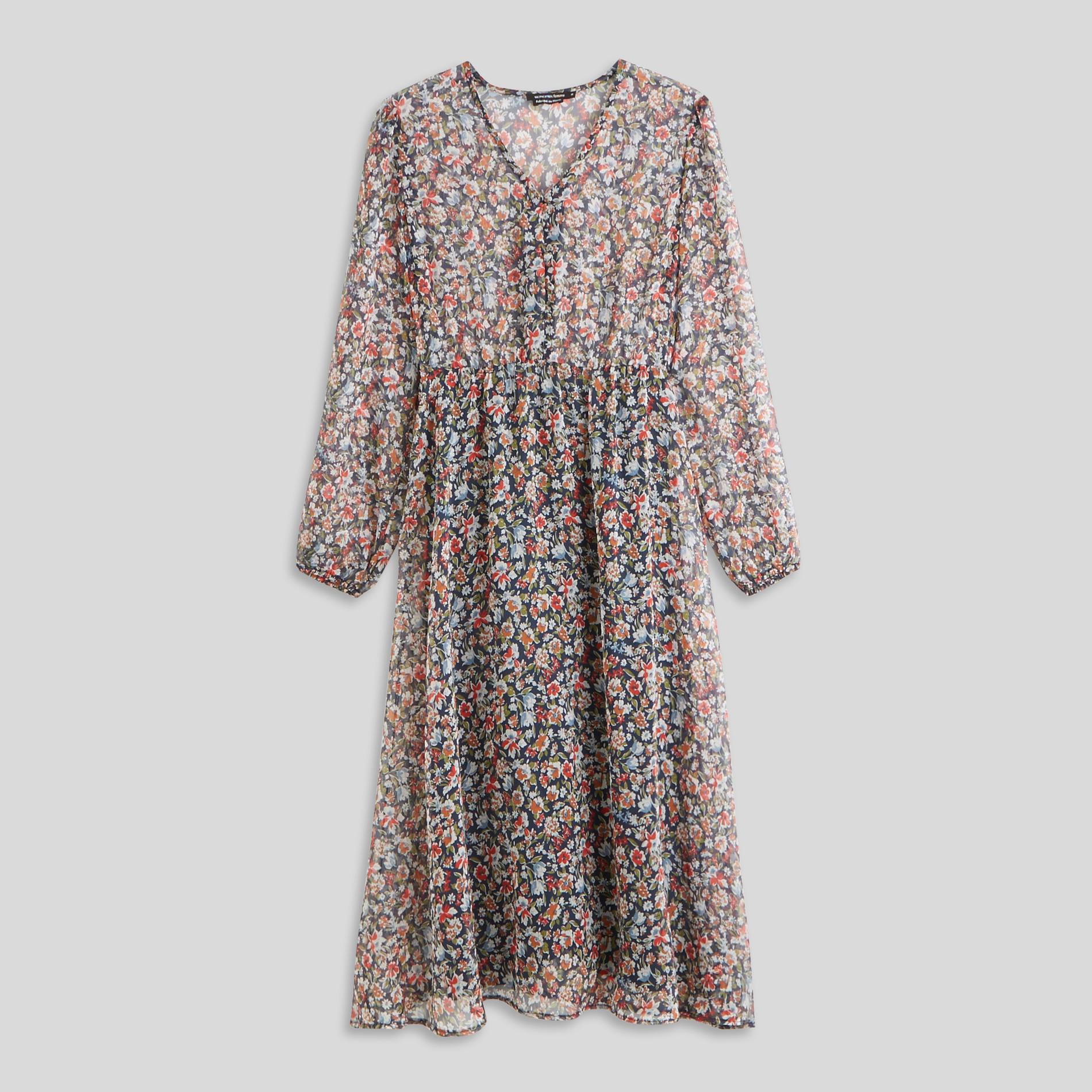 Robe fluide col V imprimé floral, Bleu marine, large image number 2