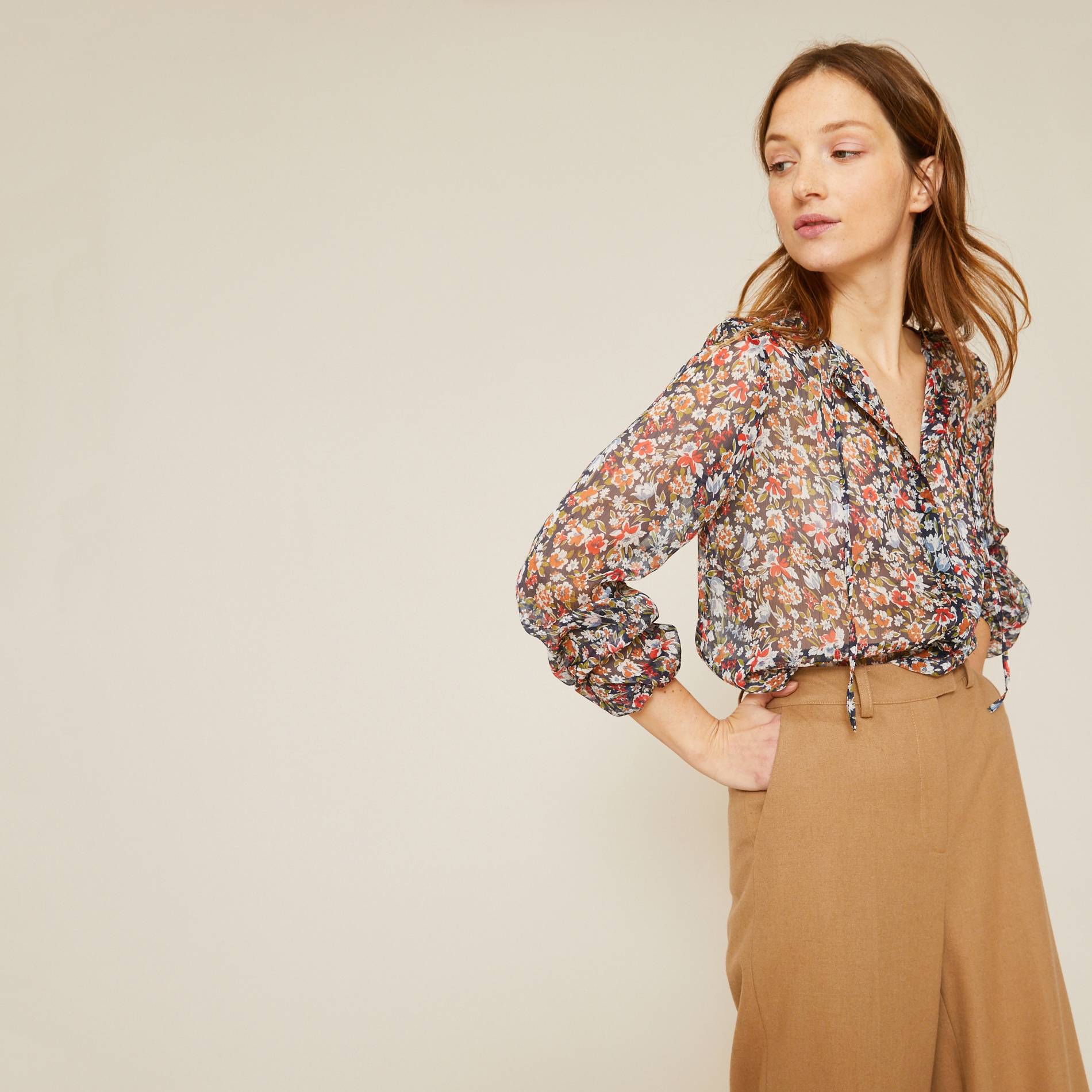 Blouse boutonnée manches longues imprimé floral, Bleu marine, large image number 0
