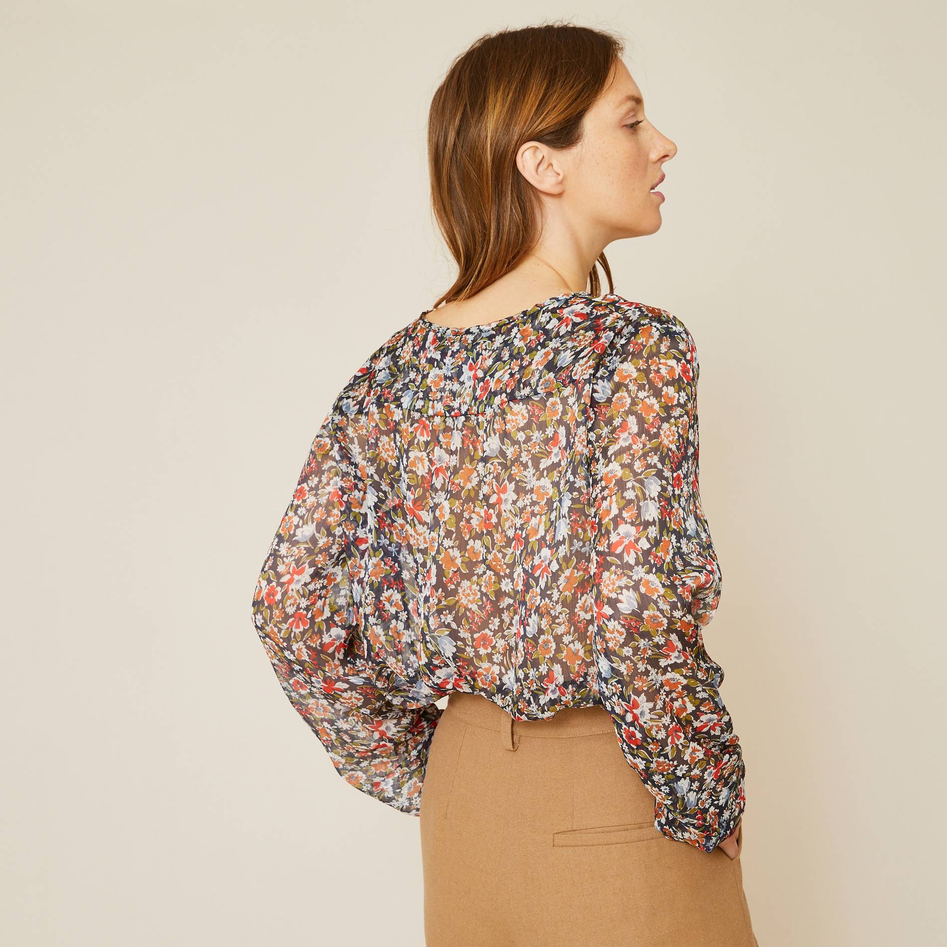 Blouse boutonnée manches longues imprimé floral, Bleu marine, large image number 1