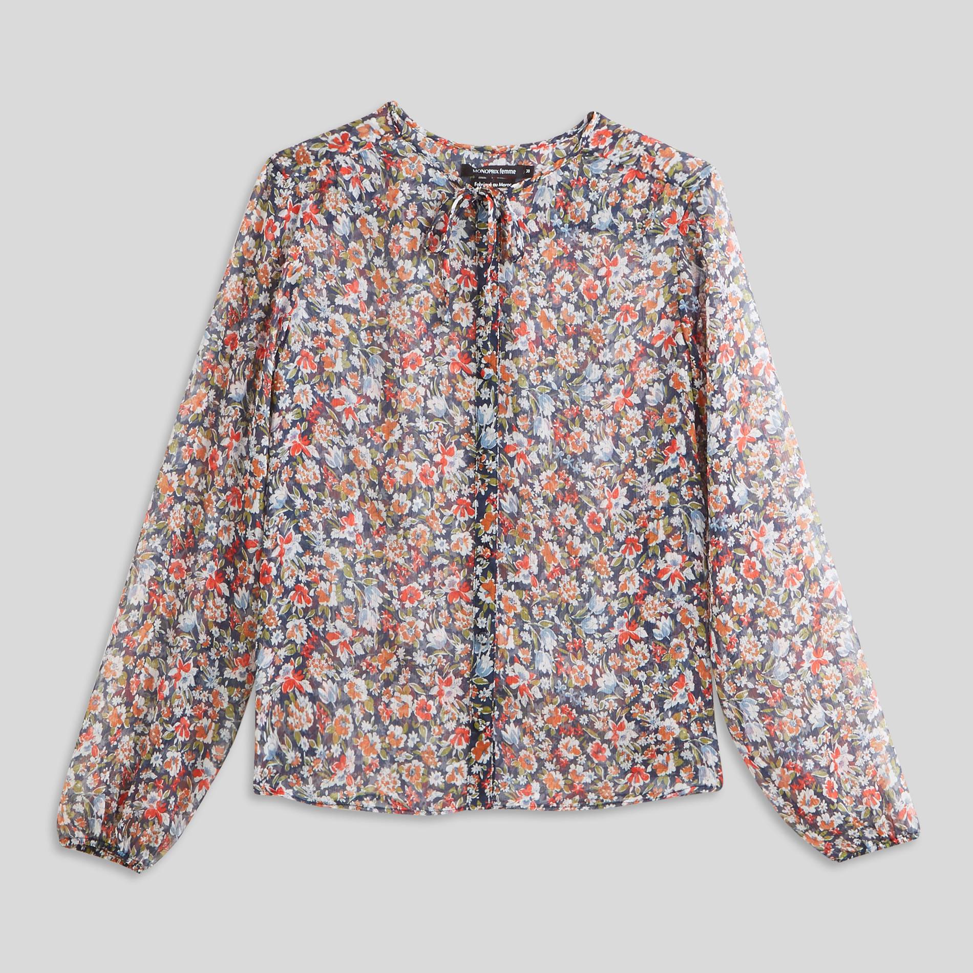 Blouse boutonnée manches longues imprimé floral, Bleu marine, large image number 2
