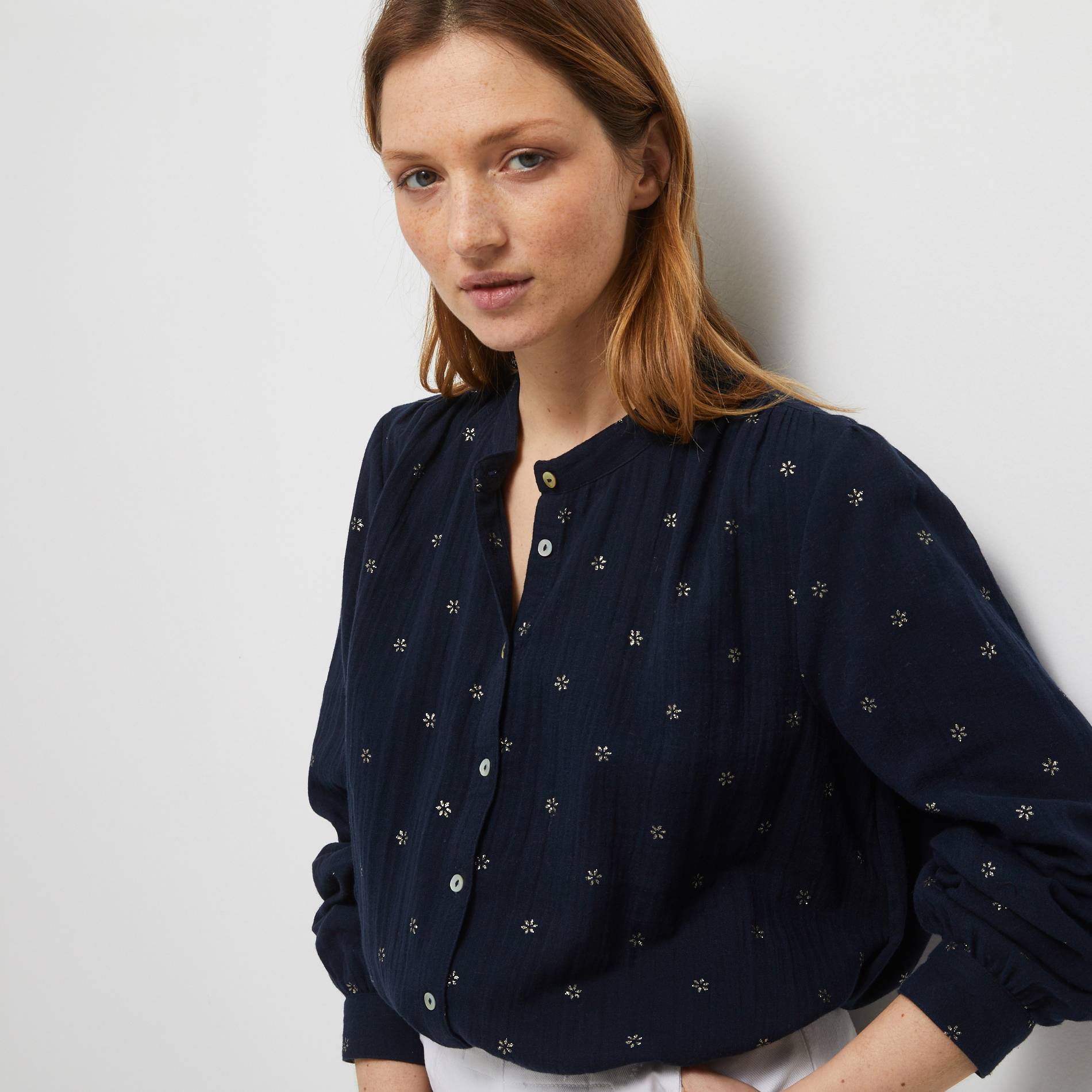 Blouse boutonnée imprimé doré en coton BIO, Bleu clair, large image number 0.0