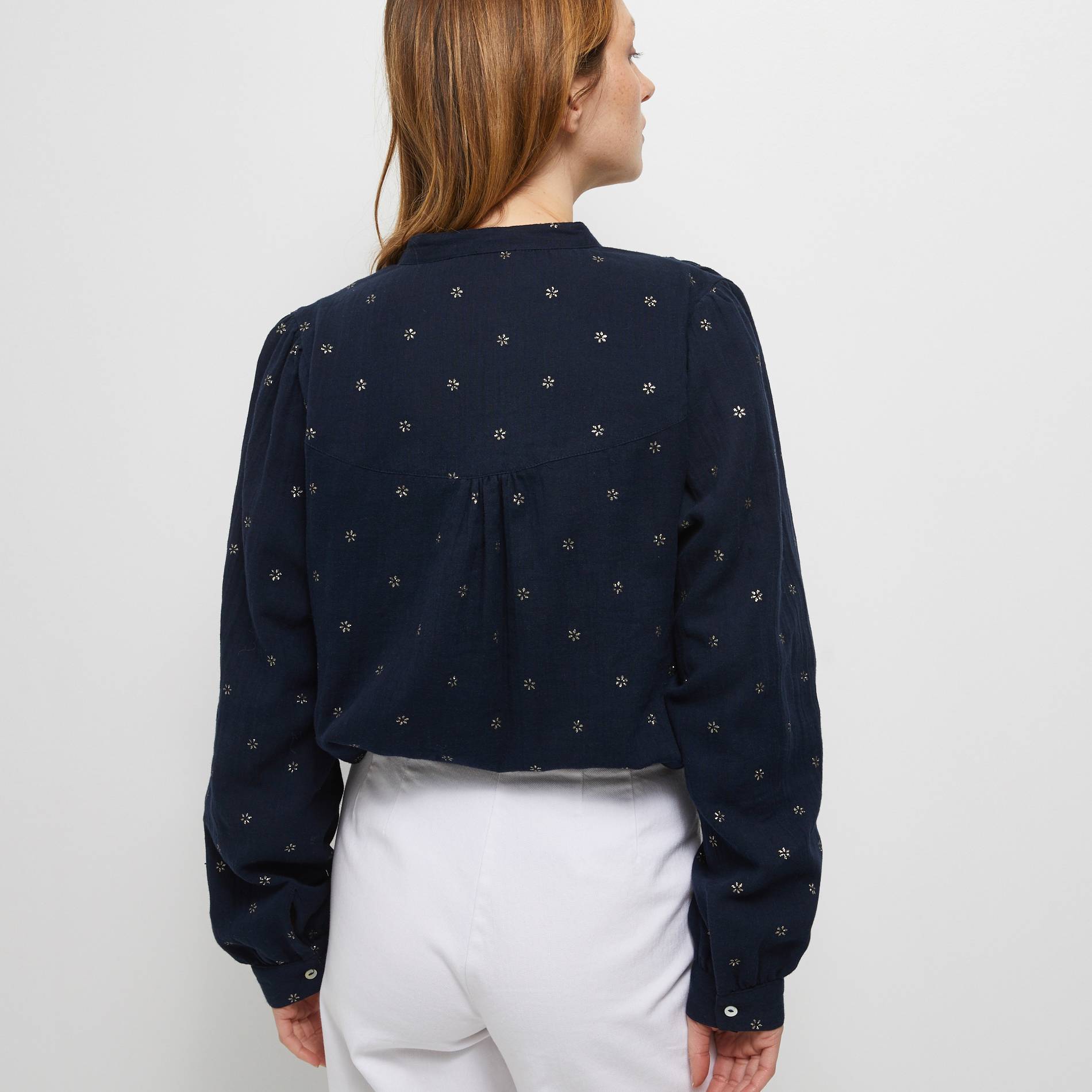 Blouse boutonnée imprimé doré en coton BIO, Bleu clair, large image number 1