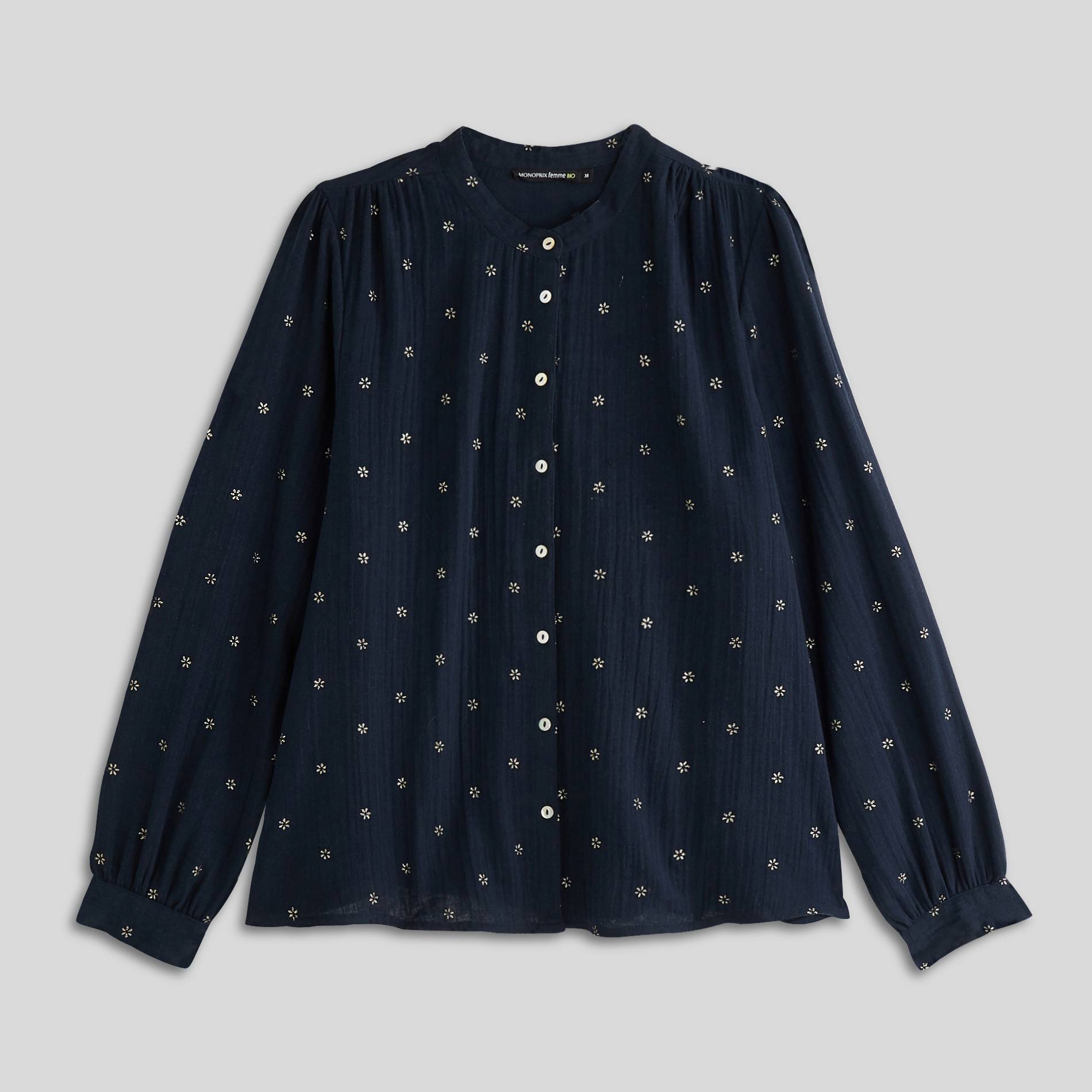 Blouse boutonnée imprimé doré en coton BIO, Bleu clair, large image number 2