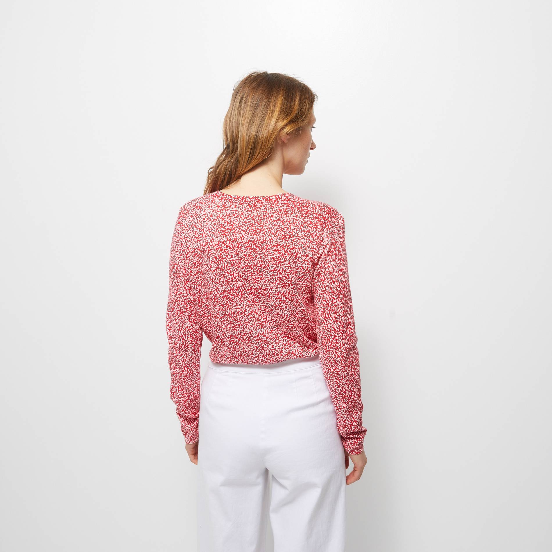 Pull col V en coton imprimé, Cerise, large image number 1