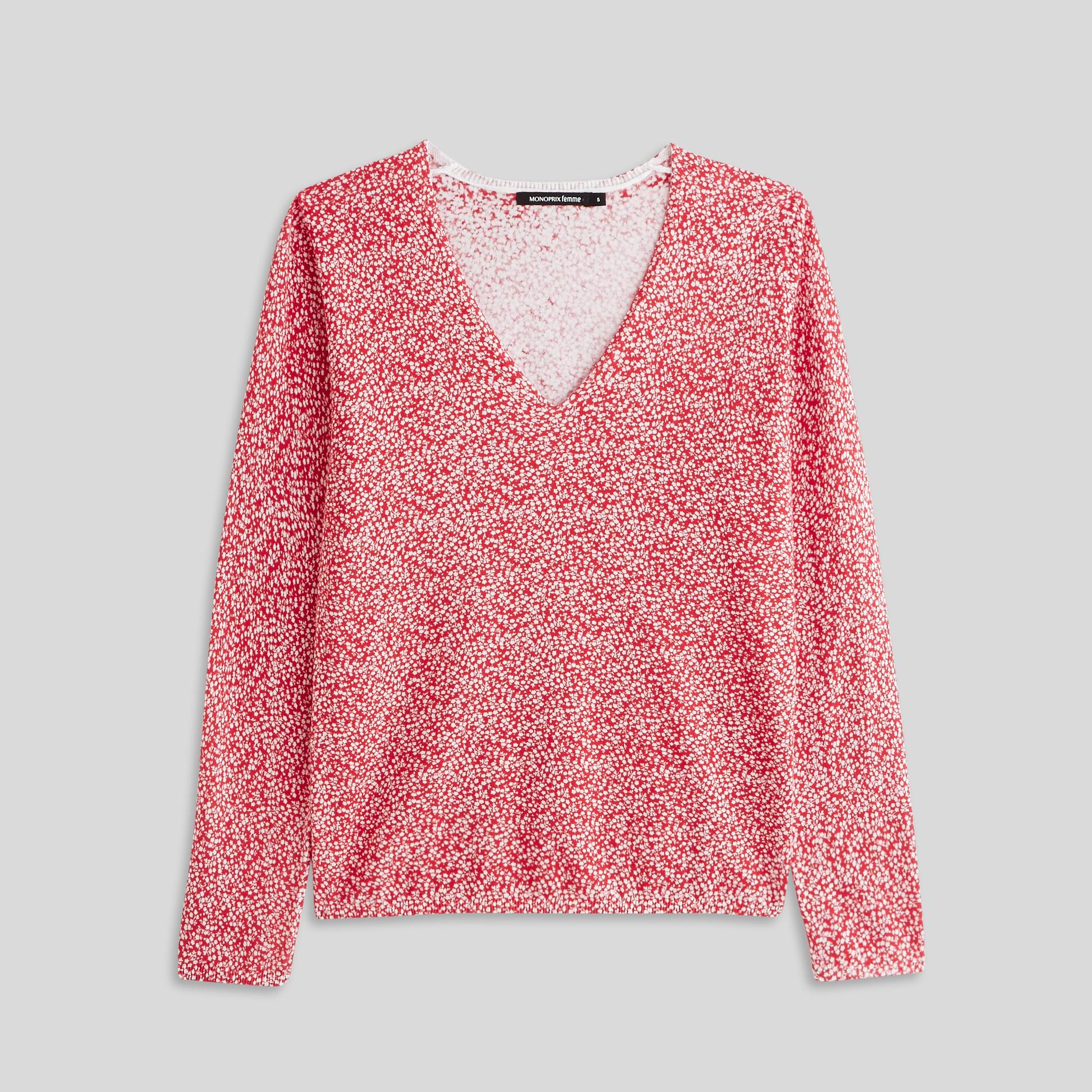 Pull col V en coton imprimé, Cerise, large image number 2.0