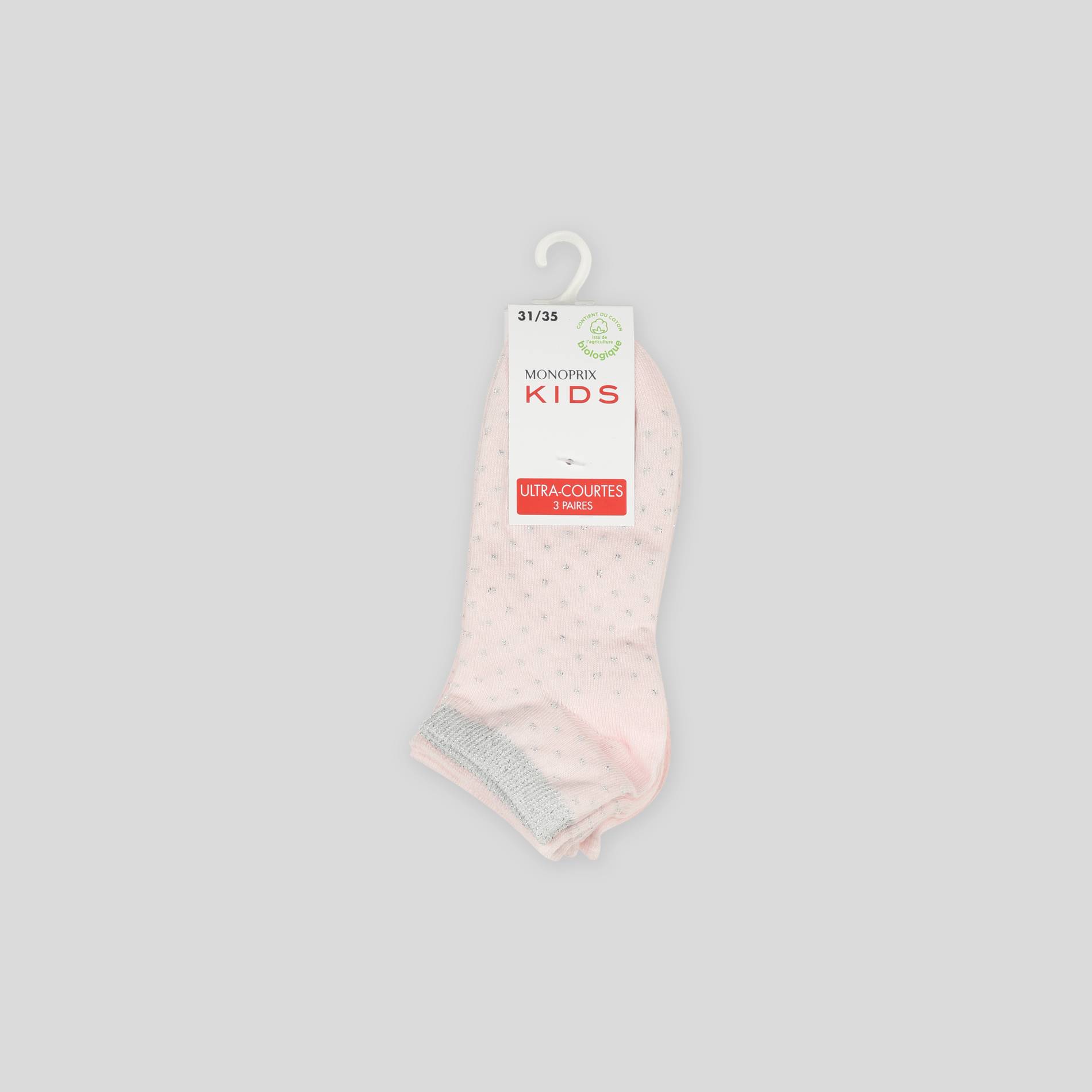 Lot de 3 paires de chaussettes ultra-courtes en coton BIO, Rose pâle, large image number 0