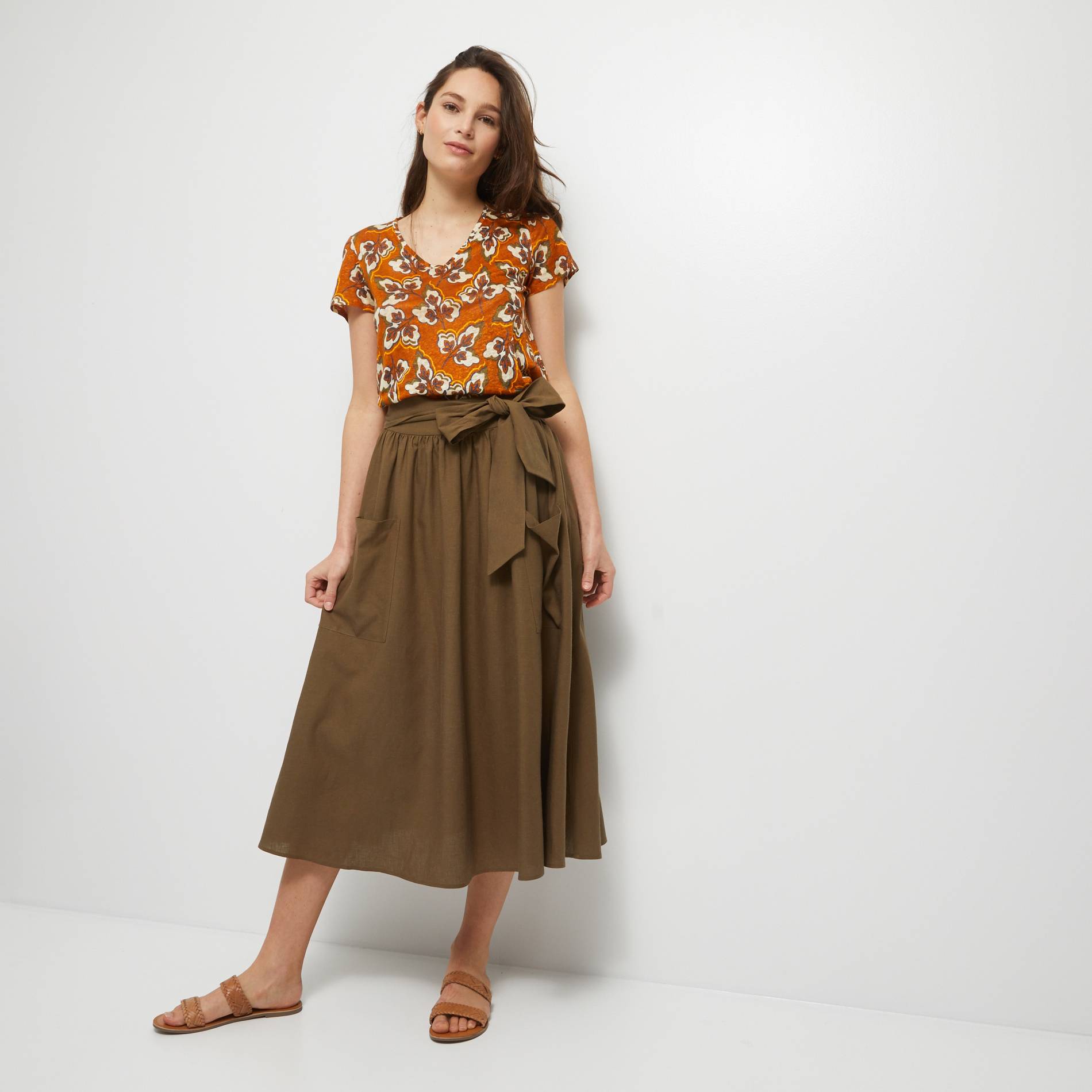 Jupe midi en lin et viscose, Kaki, large image number 0.0