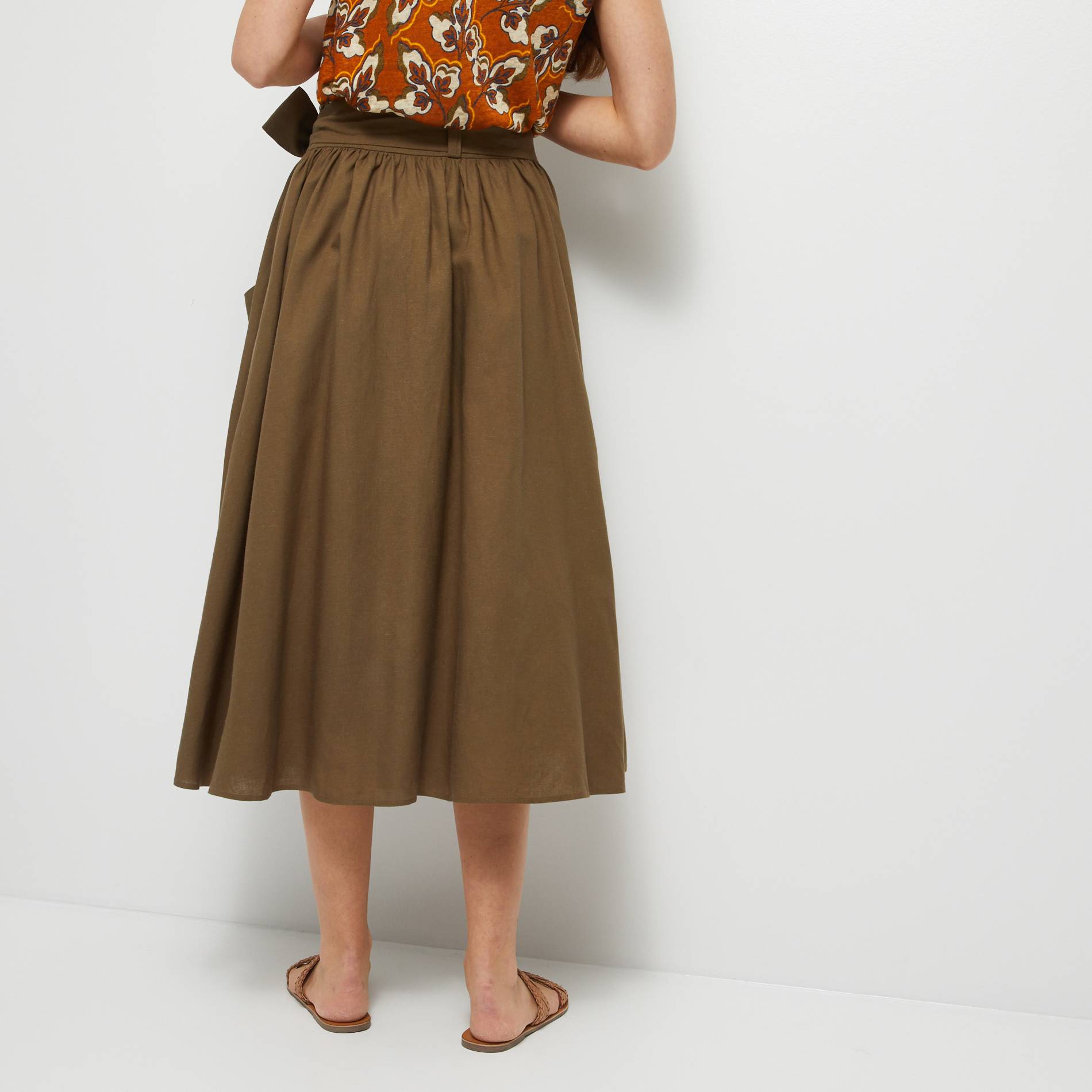 Jupe midi en lin et viscose, Kaki, large image number 1