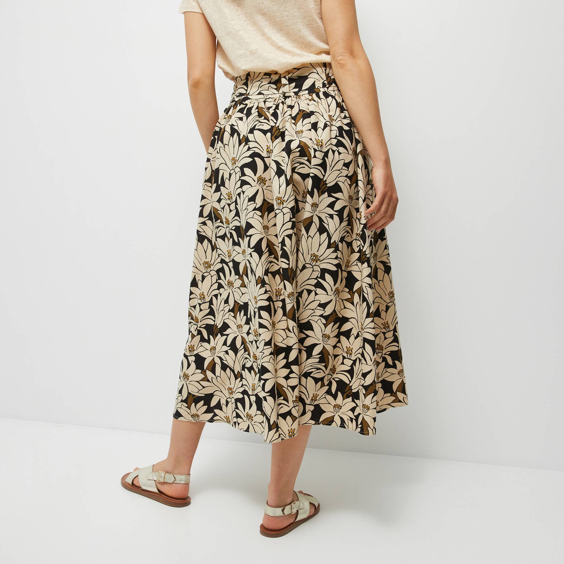 Jupe midi en lin et viscose imprimée, Noir, large image number 1