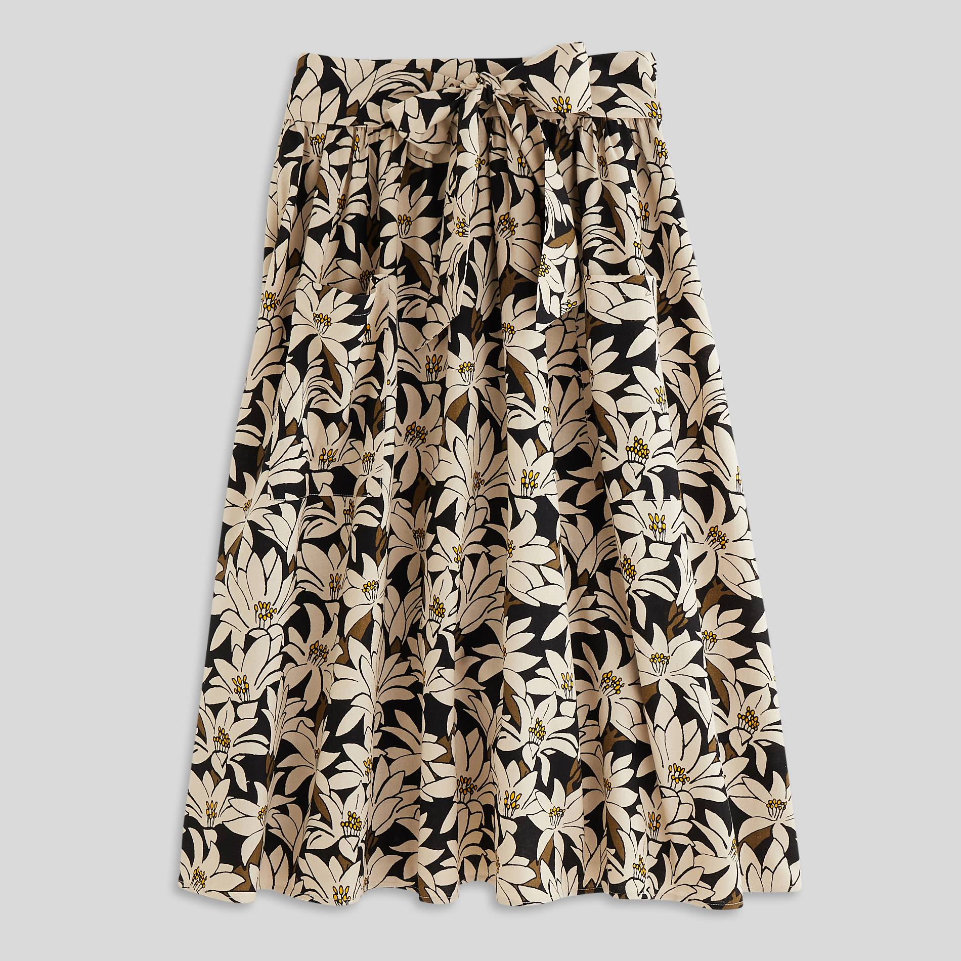 Jupe midi en lin et viscose imprimée, Noir, large image number 2