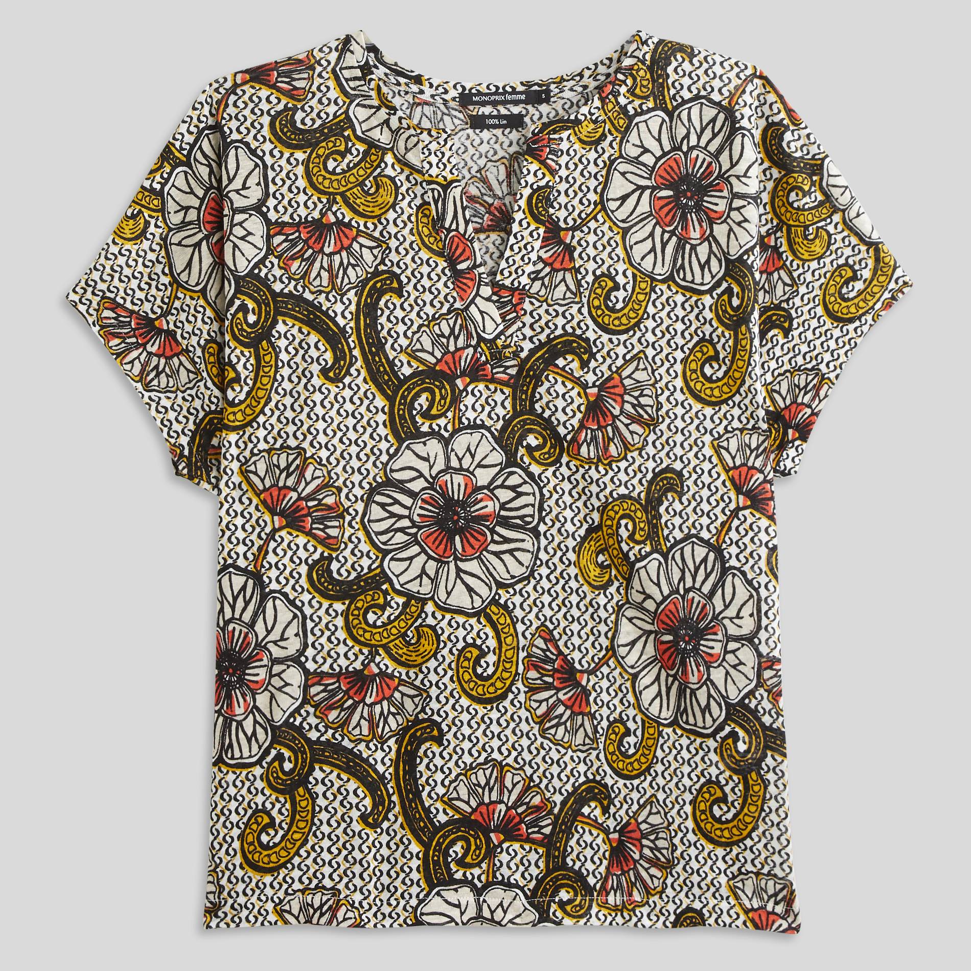 T-shirt en lin col tunisien, Ecru, large image number 2