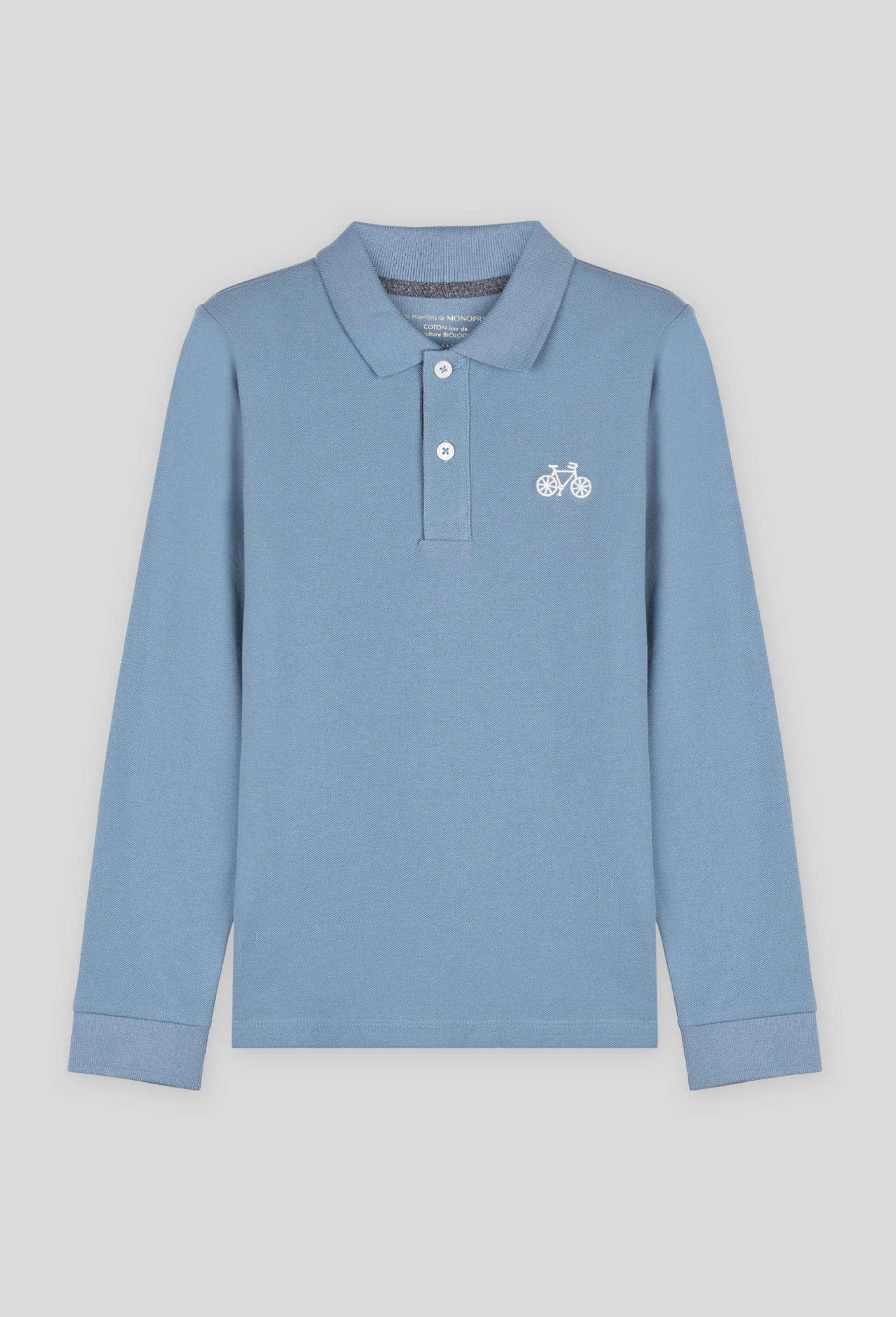 Polo manches longues uni en coton BIO, Bleu, large image number 0.0