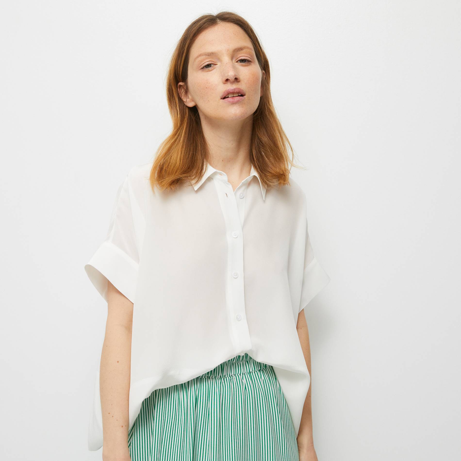 Chemise manches courtes en soie, Blanc, large image number 0.0